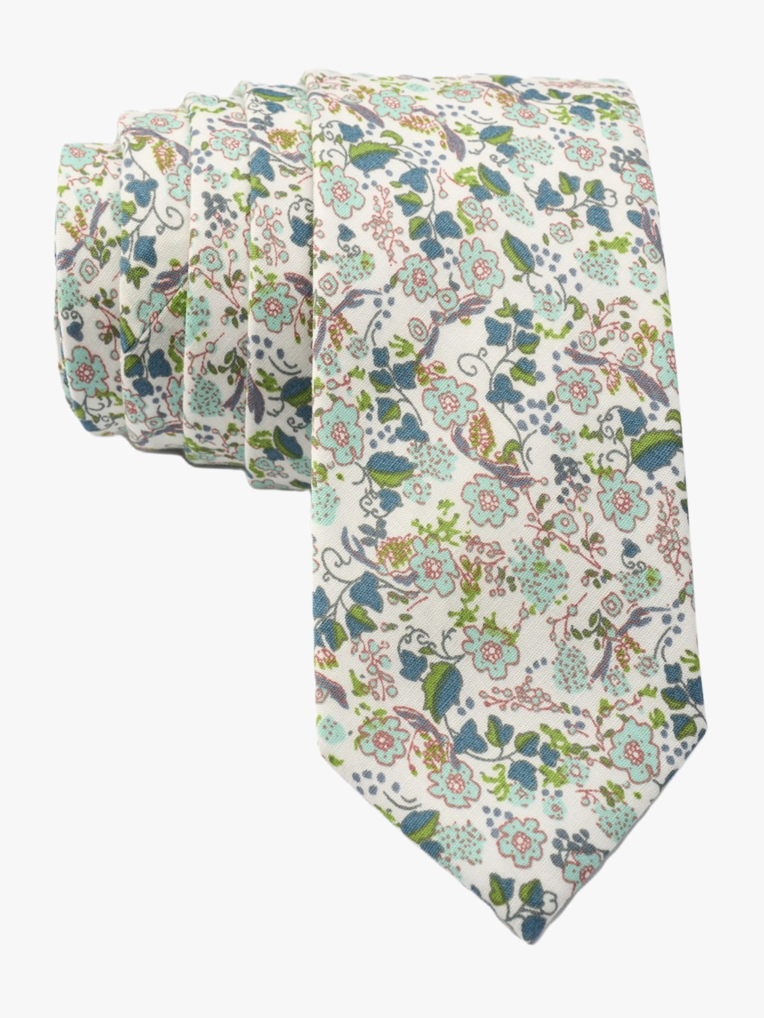 Floral necktie for men with dusty blue flowers, pink centers, turquoise blossoms and bluish green leaves on cotton fabric.