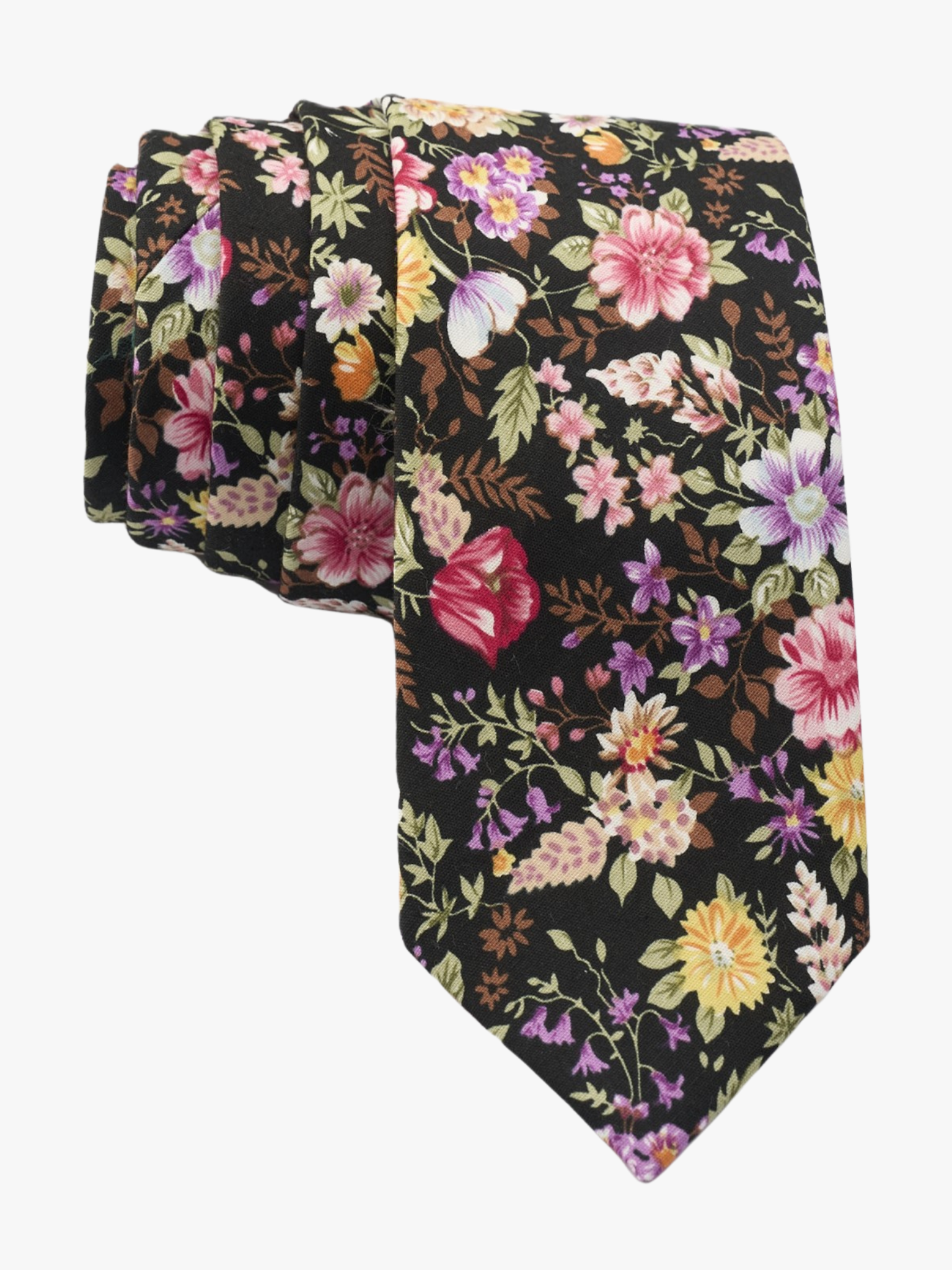 Floral necktie for men with pink flowers, yellow petals, wisteria purple blossoms and brown leaves on black cotton fabric.