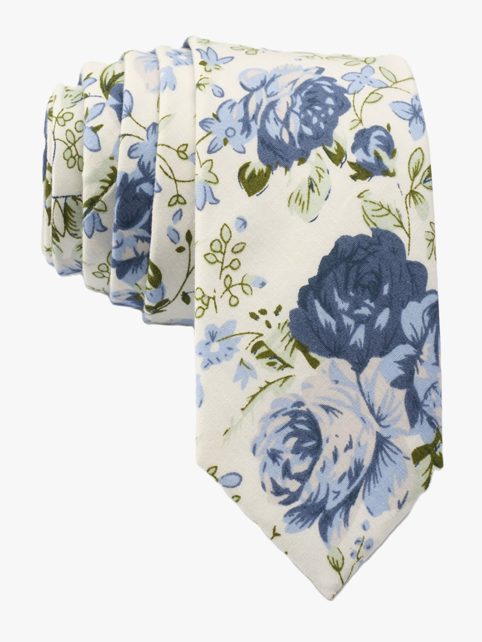 Floral fall wedding necktie for men with large blue flowers, dusty petals, and light green leaves on off-white cotton fabric.