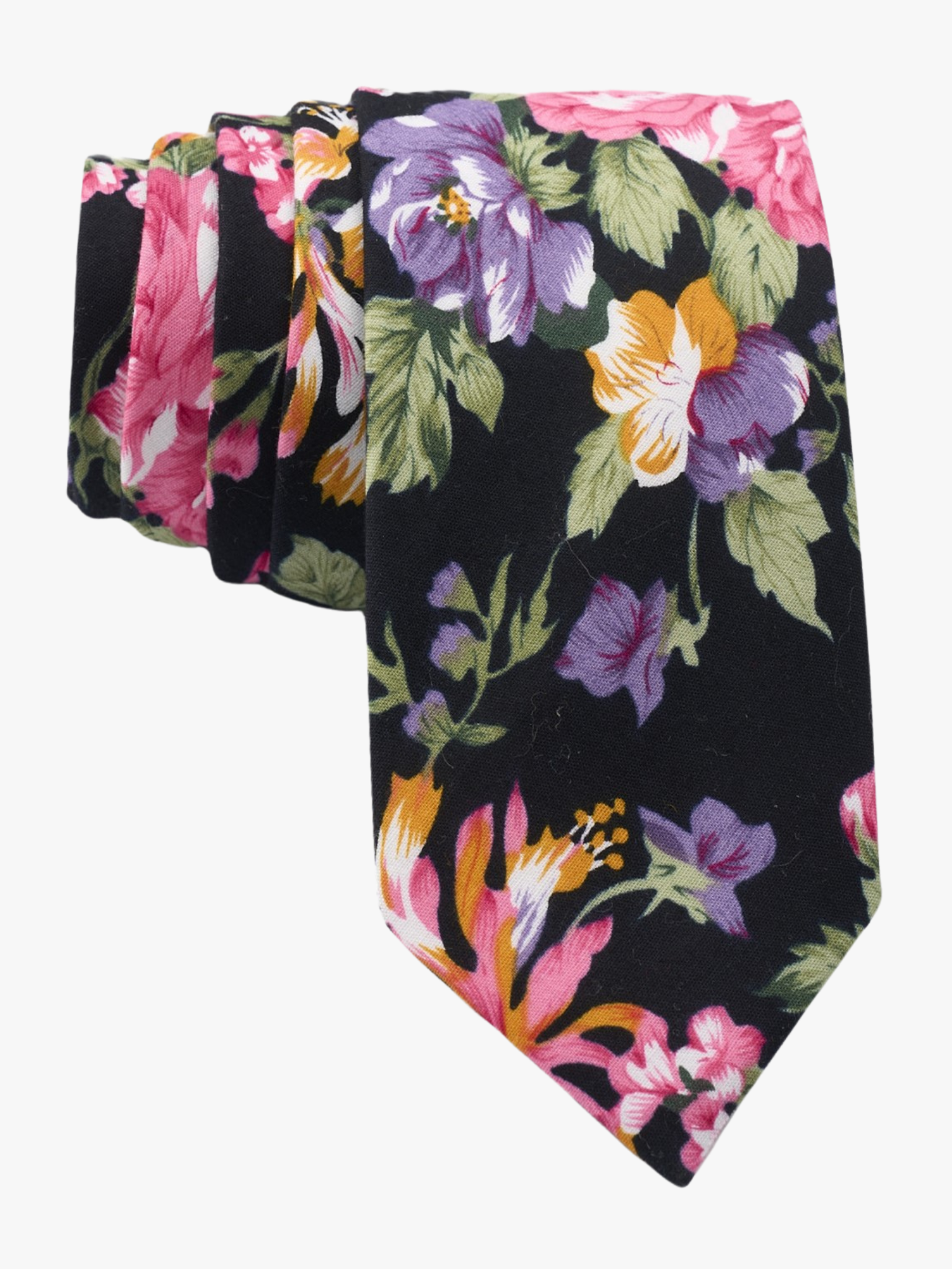 Spring floral necktie for men with pink flowers, orange petals, blue blossoms, and pale green leaves on black cotton fabric.