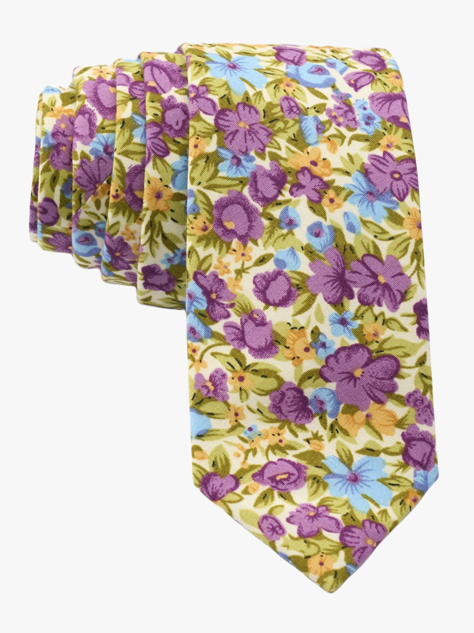 Floral necktie for men with purple flowers, dusty blue petals, yellow spots and pale green leaves on white cotton fabric.