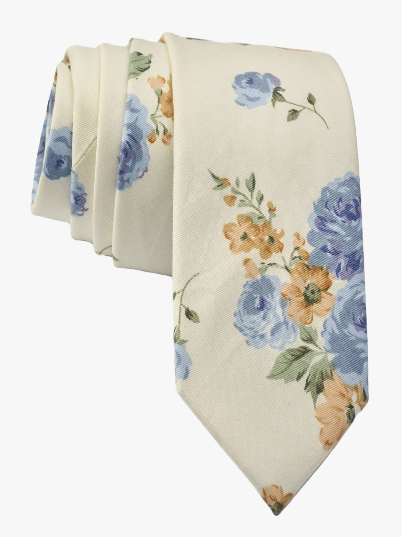 Floral necktie for men with dusty blue rose flowers, deep yellow petals, and light green leaves on off-white cotton fabric.