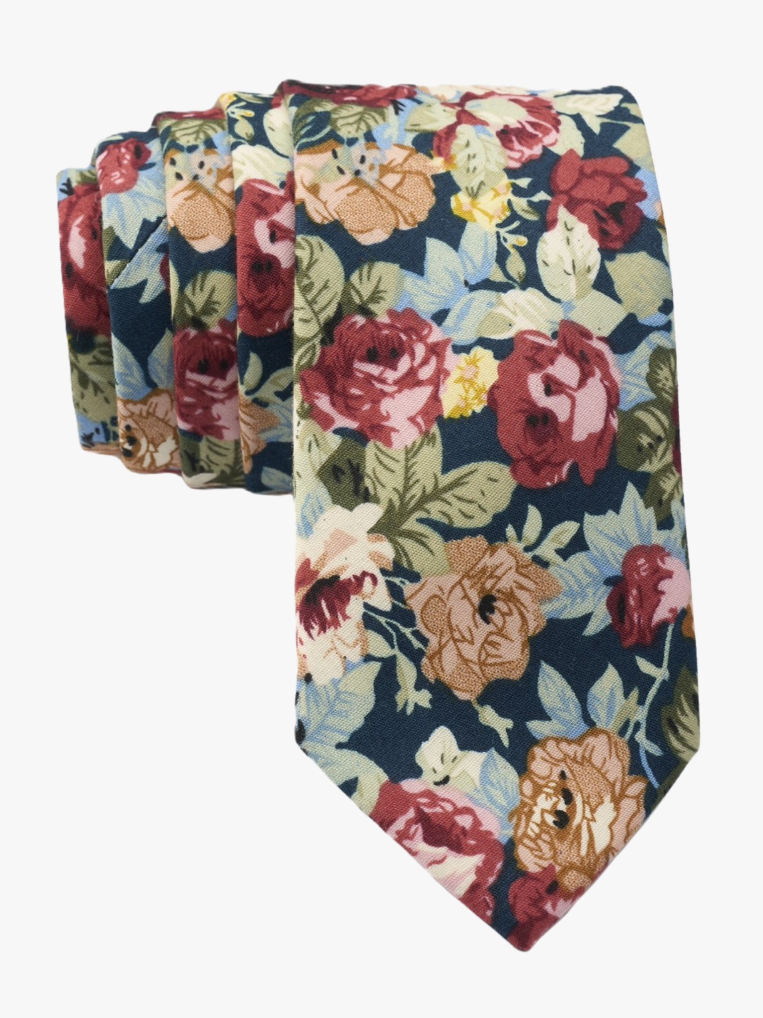 Floral necktie for men with dark red flowers, burnt orange petals, rose blossoms and light green leaves on navy blue fabric.