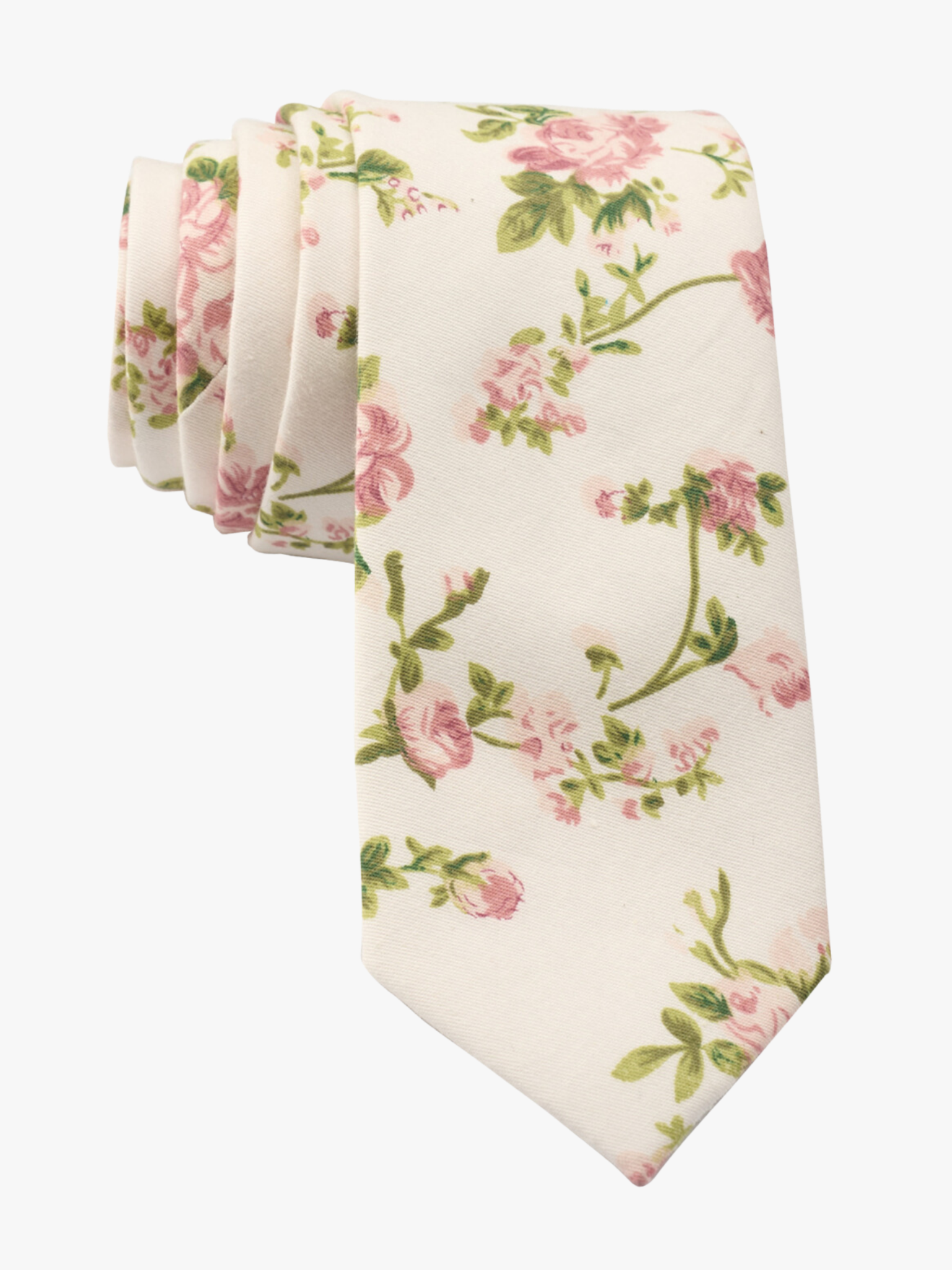 Floral necktie for men with light pink pastel flowers, pale stems, and light green leaves on beige off-white cotton fabric.