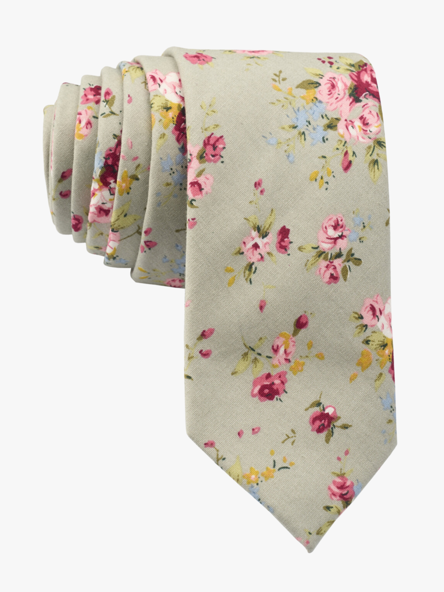 Floral necktie for men with red roses flowers, yellow and pink blossoms and green leaves on light tan or beige cotton fabric.