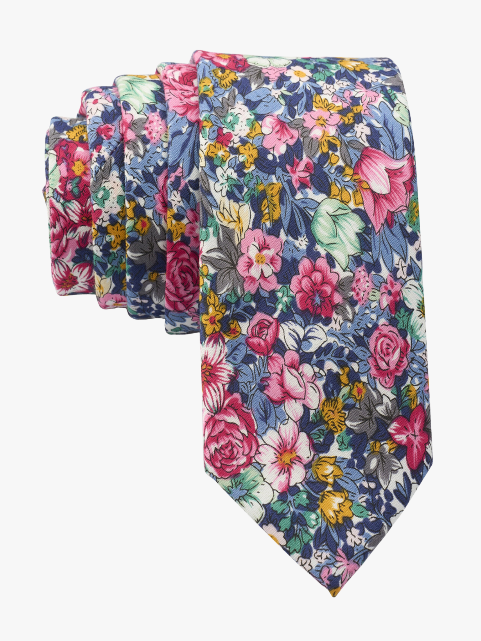 Floral necktie for men with pink rose flowers, dark petals, orange and sage green blossoms and light blue and navy leaves.