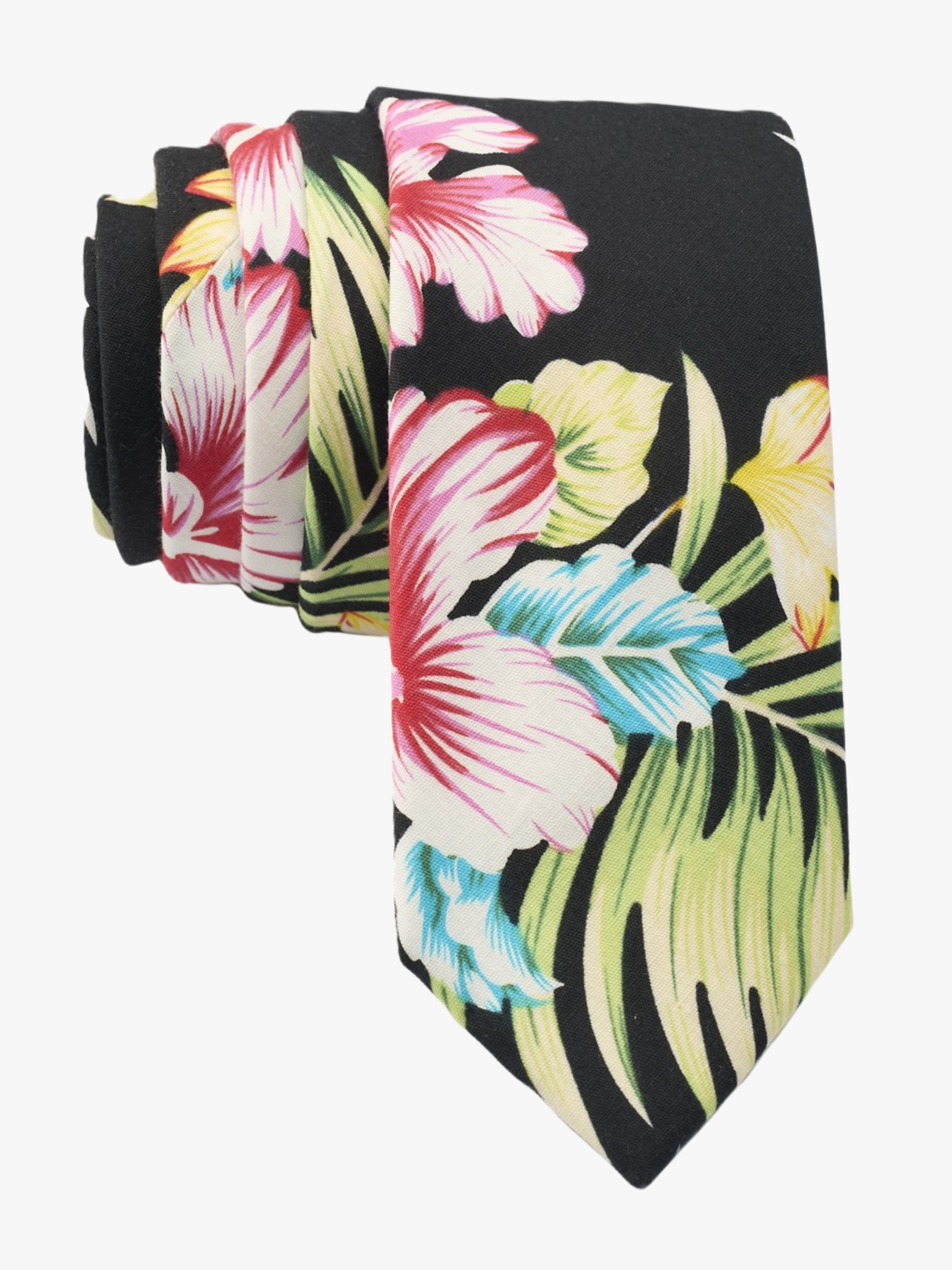 Tropical floral necktie for men with large pink beach flowers, hibiscus petals, and fern leaves on dark black cotton fabric.