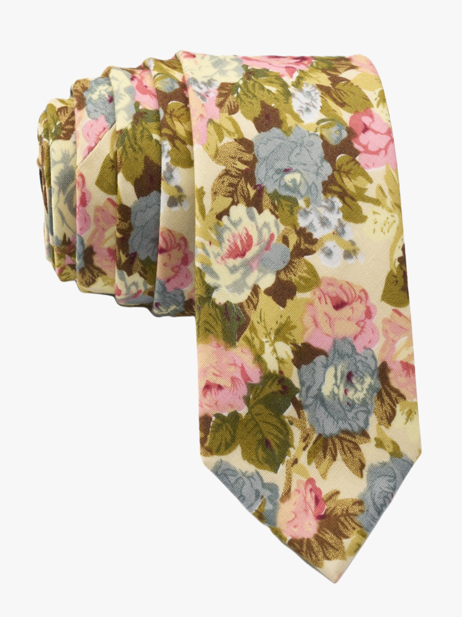 Pastel floral necktie for men with light pink flowers, dusty blue petals, blossoms and green leaves on beige cotton fabric.