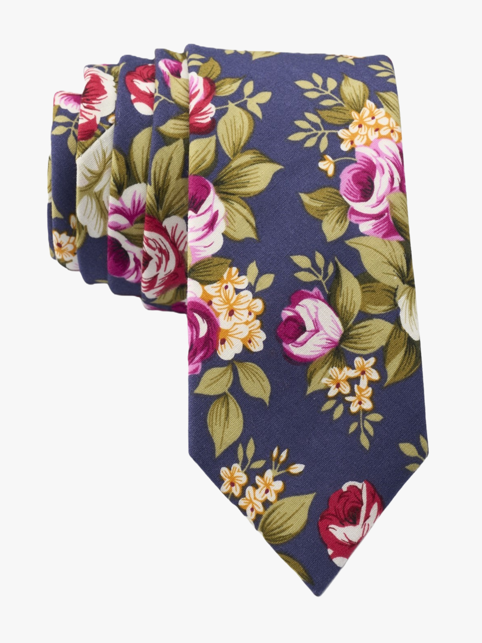 Fall floral necktie for men with pink rose flowers, red petals, yellow blossoms and green leaves on navy blue cotton fabric.