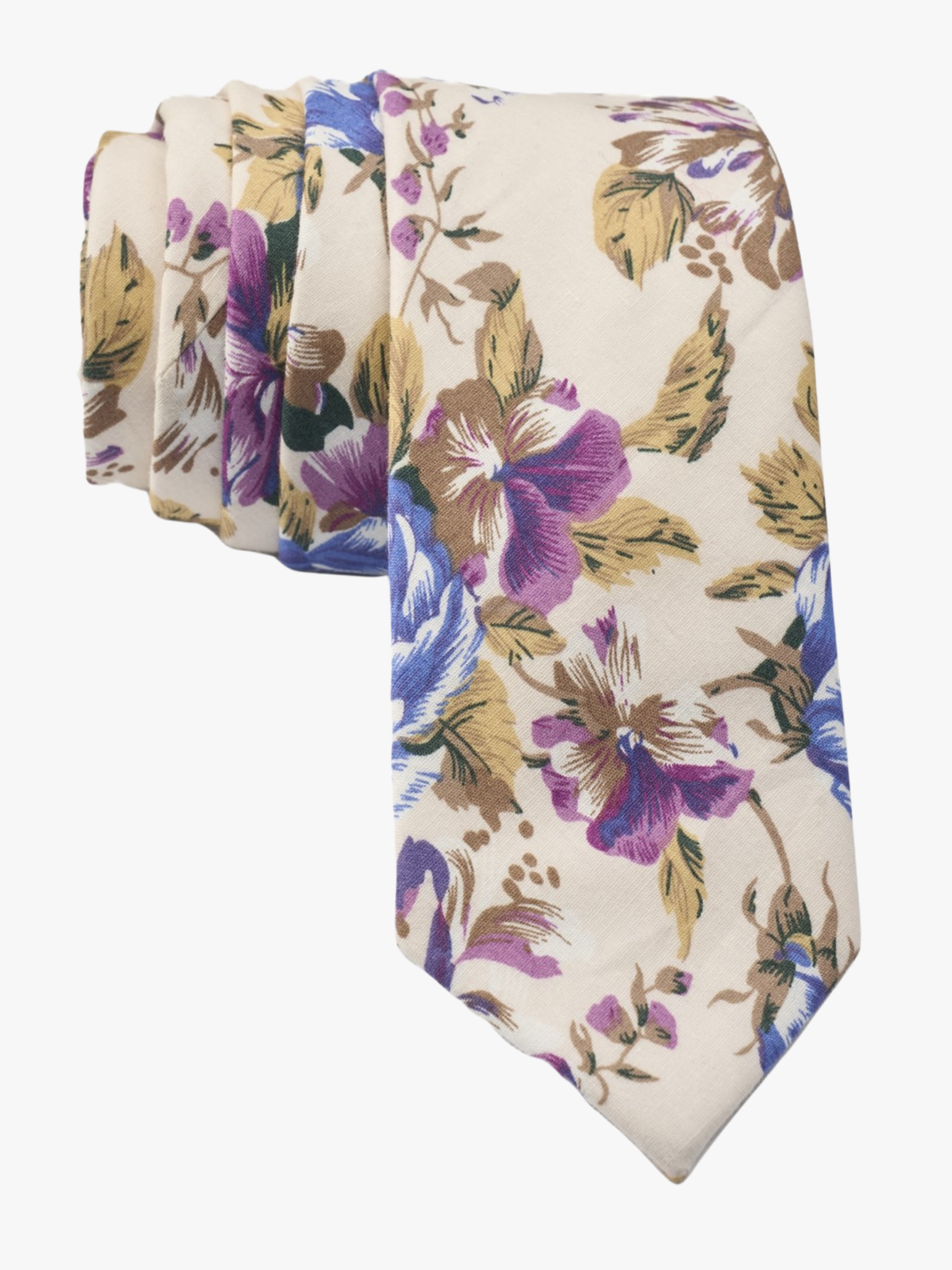 Floral necktie for men with purple flowers, blue petals, brown accents and fall leaves on a cream or beige cotton fabric.