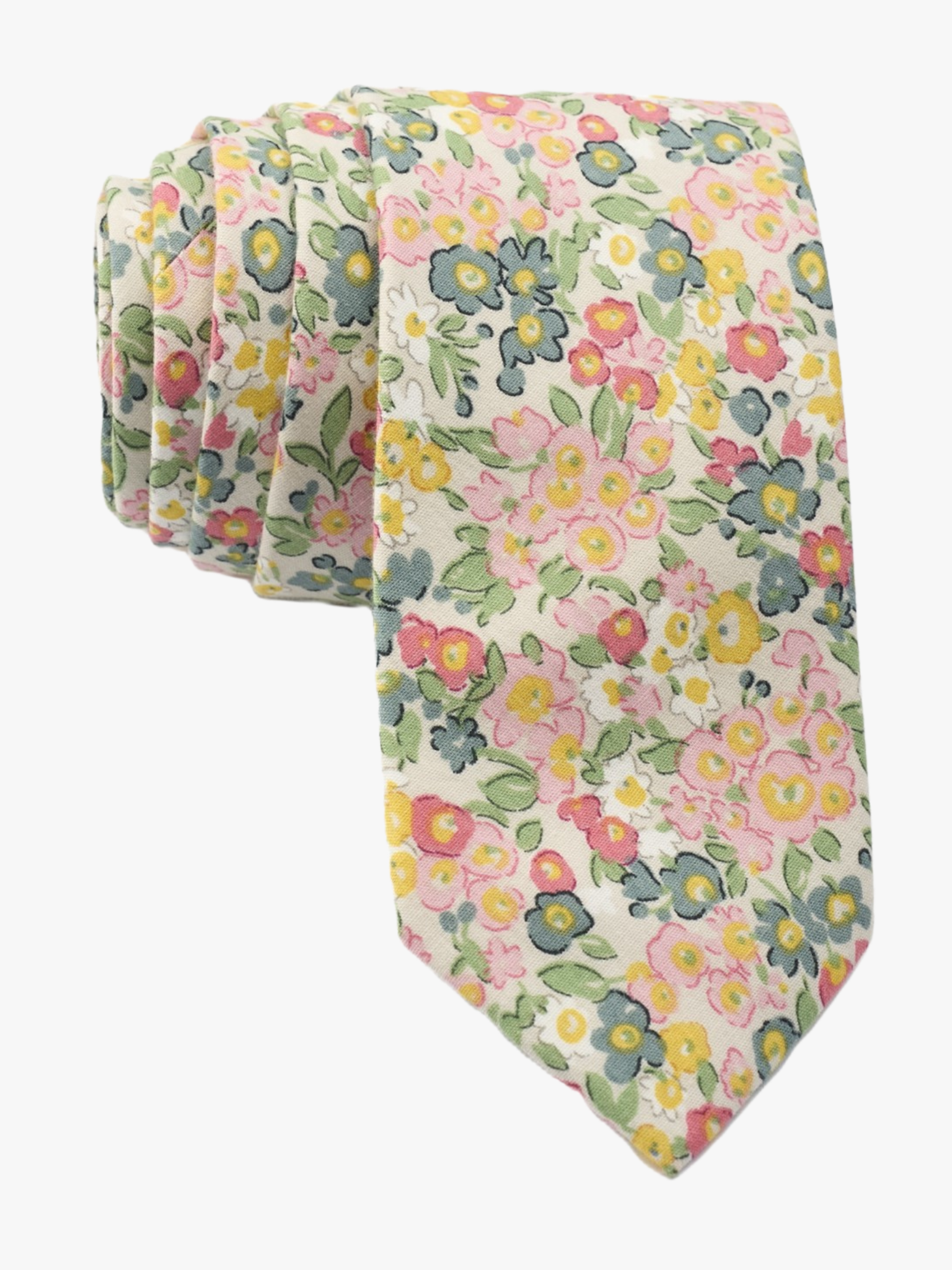 Fall floral necktie for men with small pink flowers, teal petals, yellow blossoms and green leaves on offwhite cotton fabric.