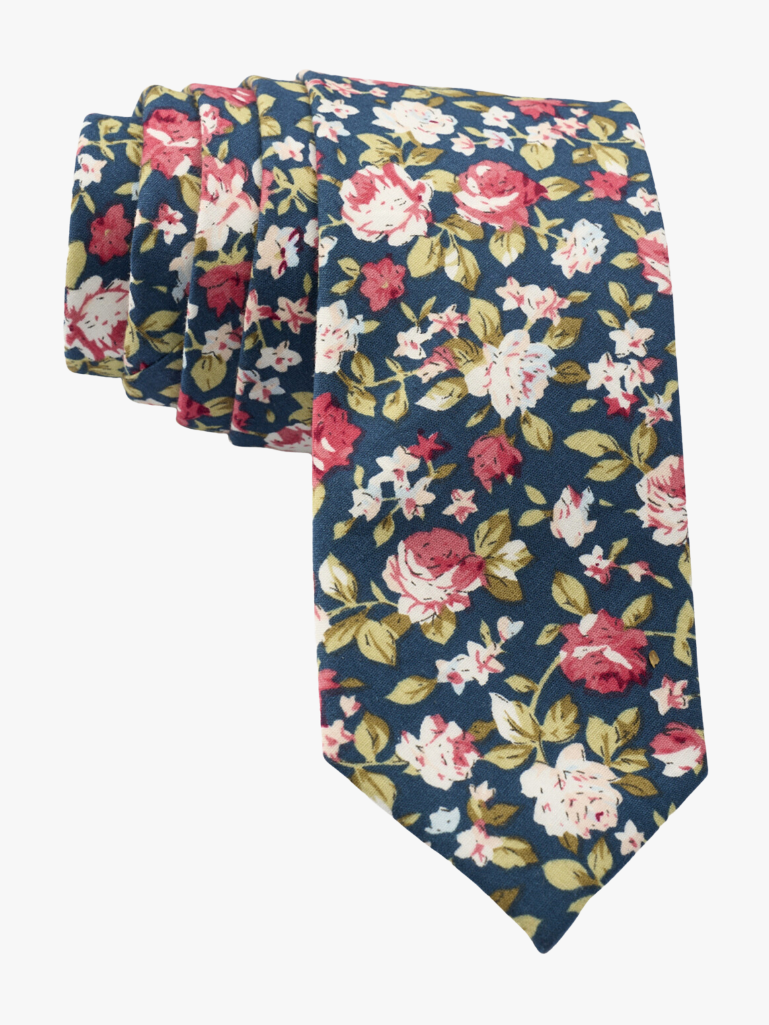 Floral necktie for men with red rose flowers, pink petals, light blossoms and pale green leaves on navy blue cotton fabric.