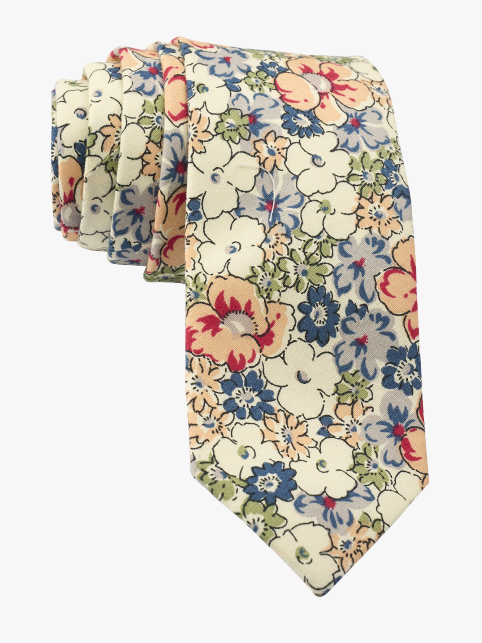 Floral necktie for men with blue flowers, white petals, and peach or salmon blossoms and green leaves on white cotton fabric.