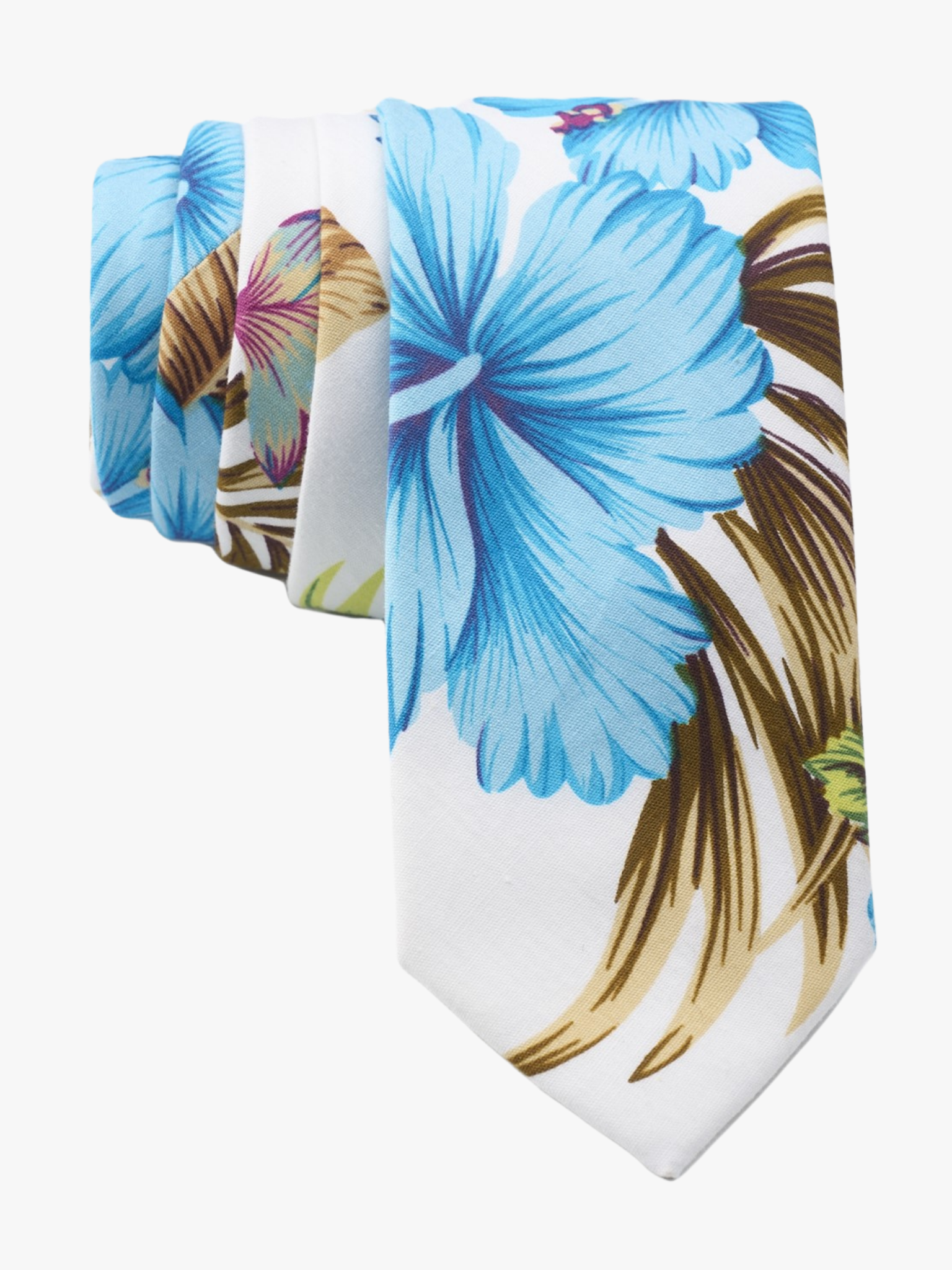 Floral necktie for men with large dusty blue beach flowers, hibiscus petals, spots of pink, and brown leaves on white fabric.