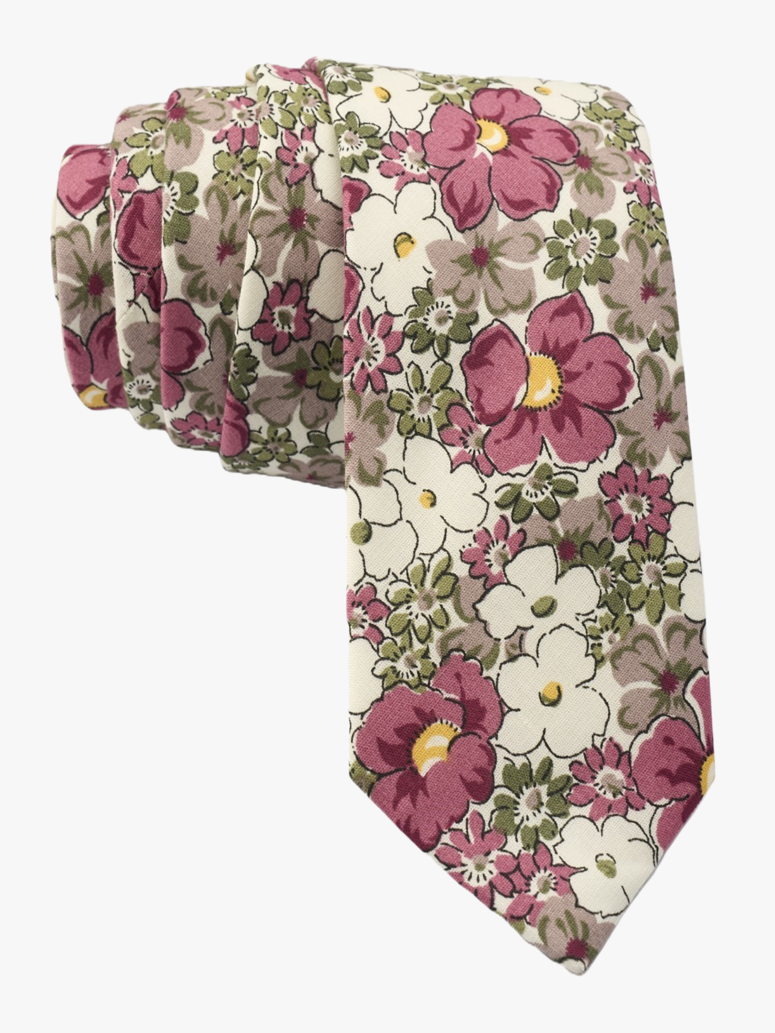 Floral necktie for men with purple flowers, lavender or wisteria petals, and olive green blossoms on white cotton fabric.