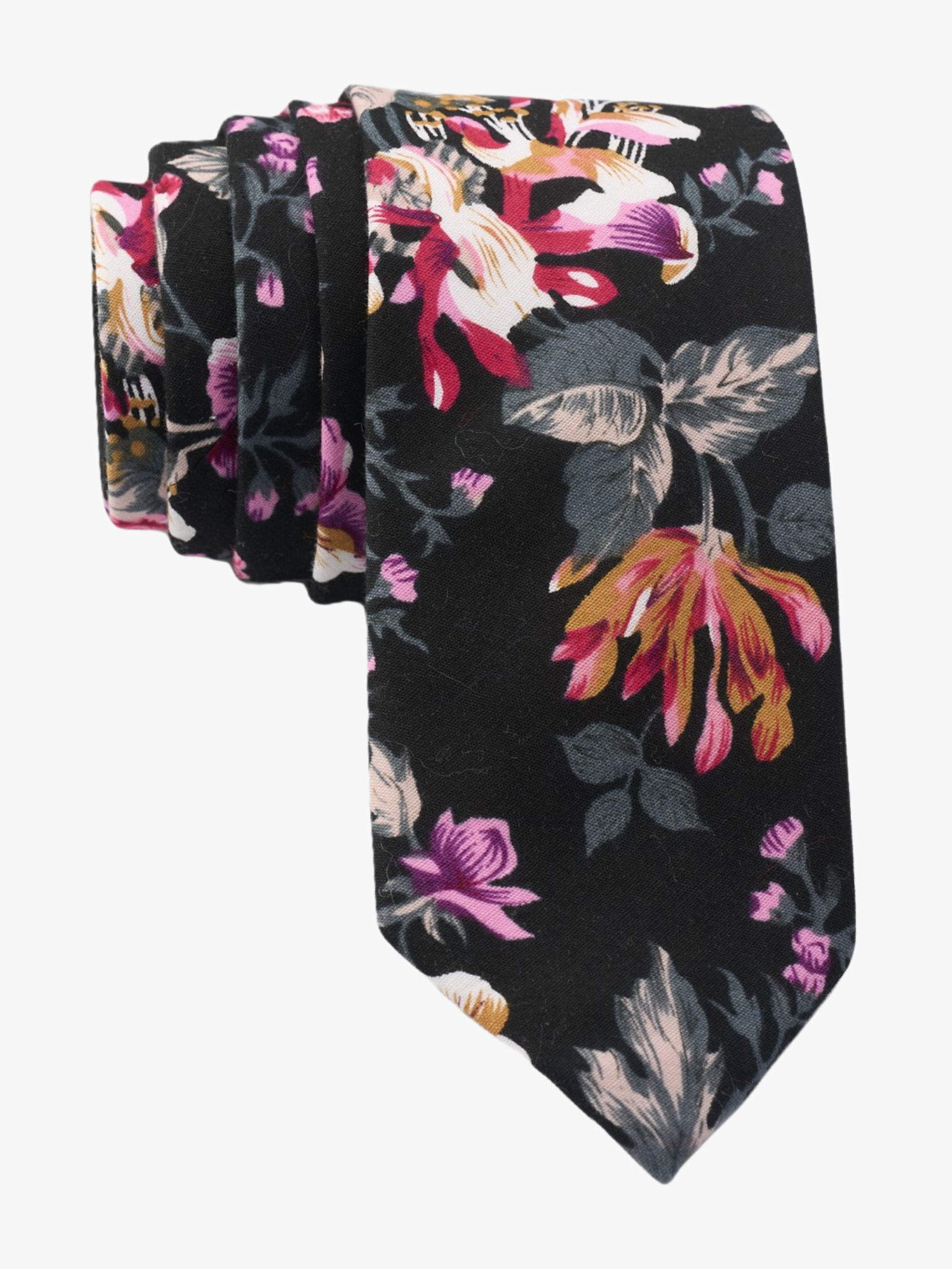 Floral necktie for men with burnt orange flowers, pink petals, light purple blossoms, and dark green leaves on black cotton.