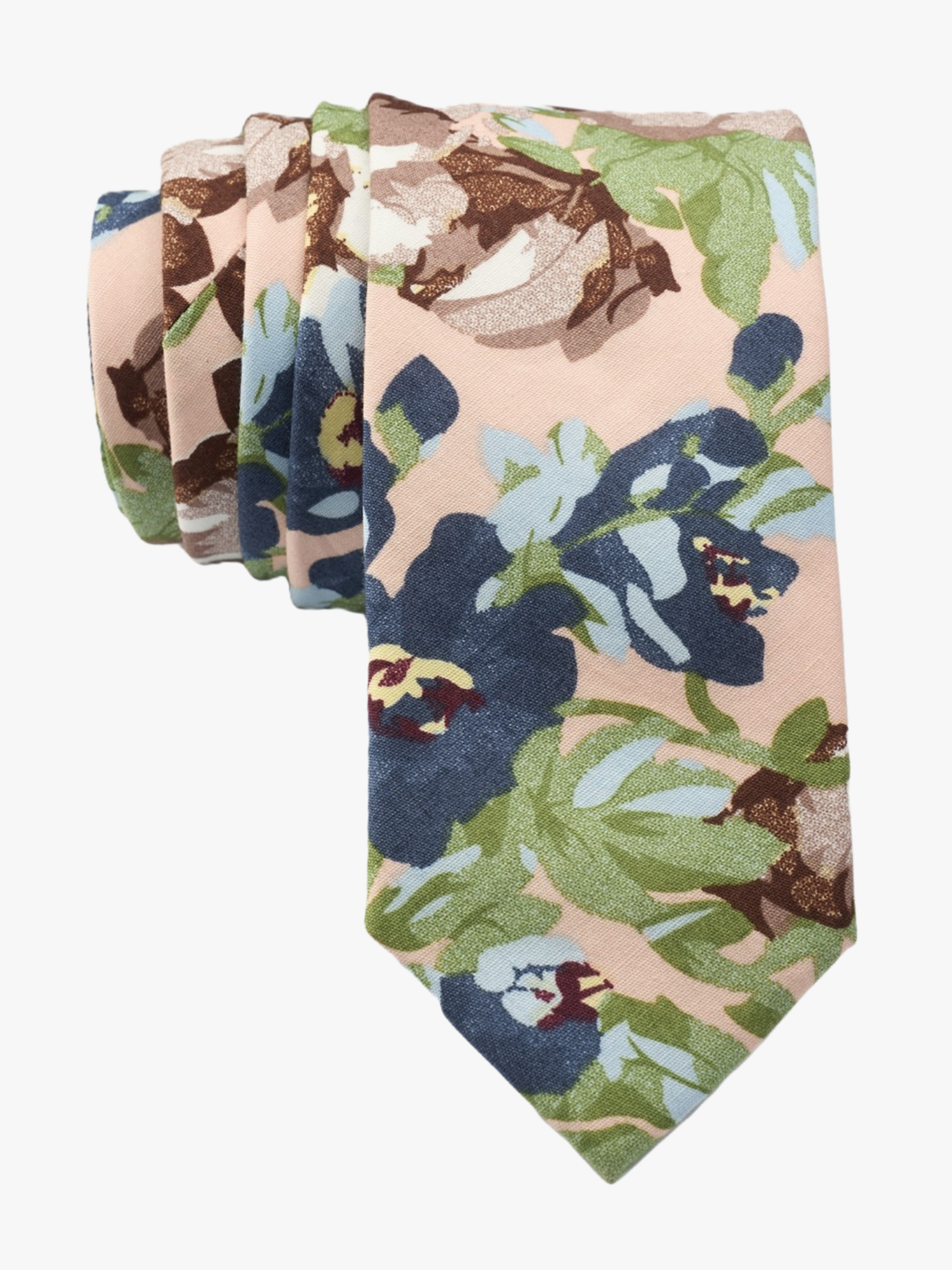 Floral necktie for men with dark blue flowers, brown petals, and light green watercolor leaves on light pink cotton fabric.