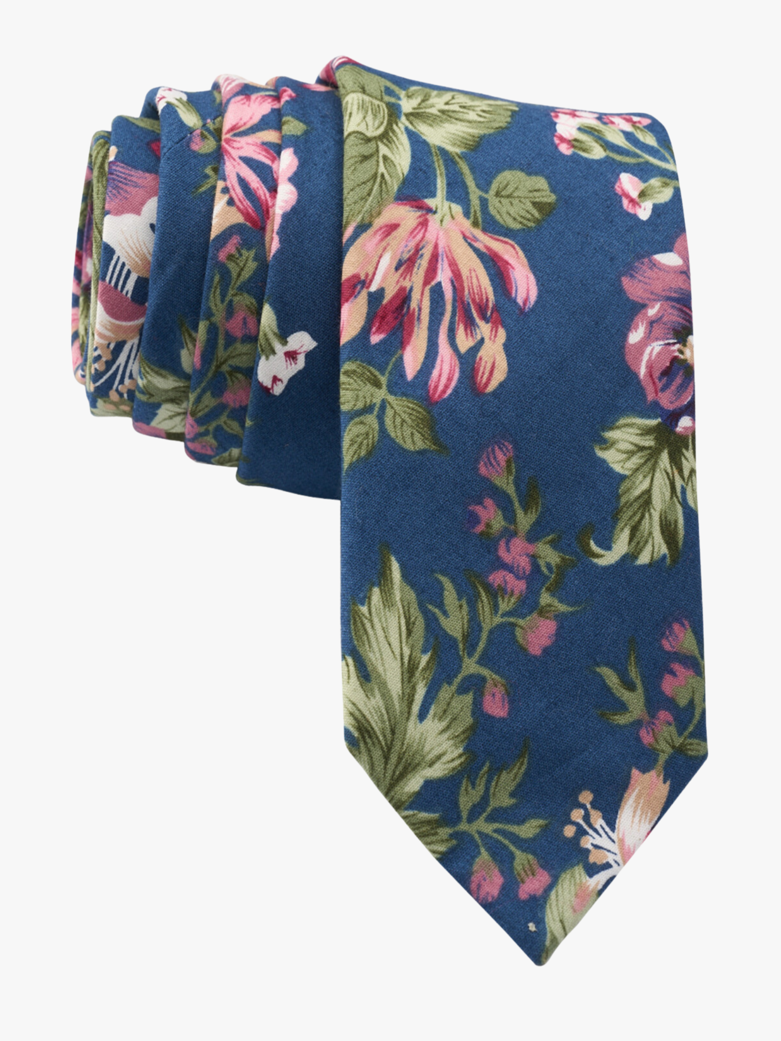 Floral necktie for men with pink flowers, Fuchsia petals, light pink blossoms and green leaves on navy blue cotton fabric.