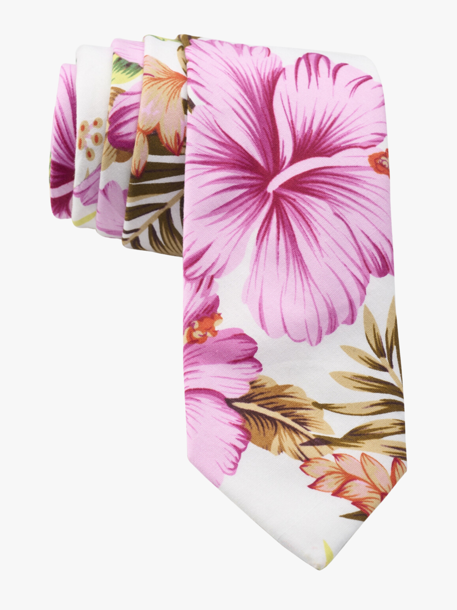 Floral necktie for men with pink hibiscus flowers, Hawaii petals, spots of green and orange, and brown leaves on lite fabric.