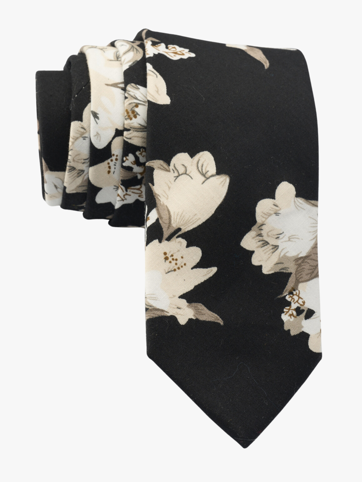 Black floral wedding necktie for men with ghostly white flowers, pale petals, rose blossoms and gray leaves on cotton fabric.