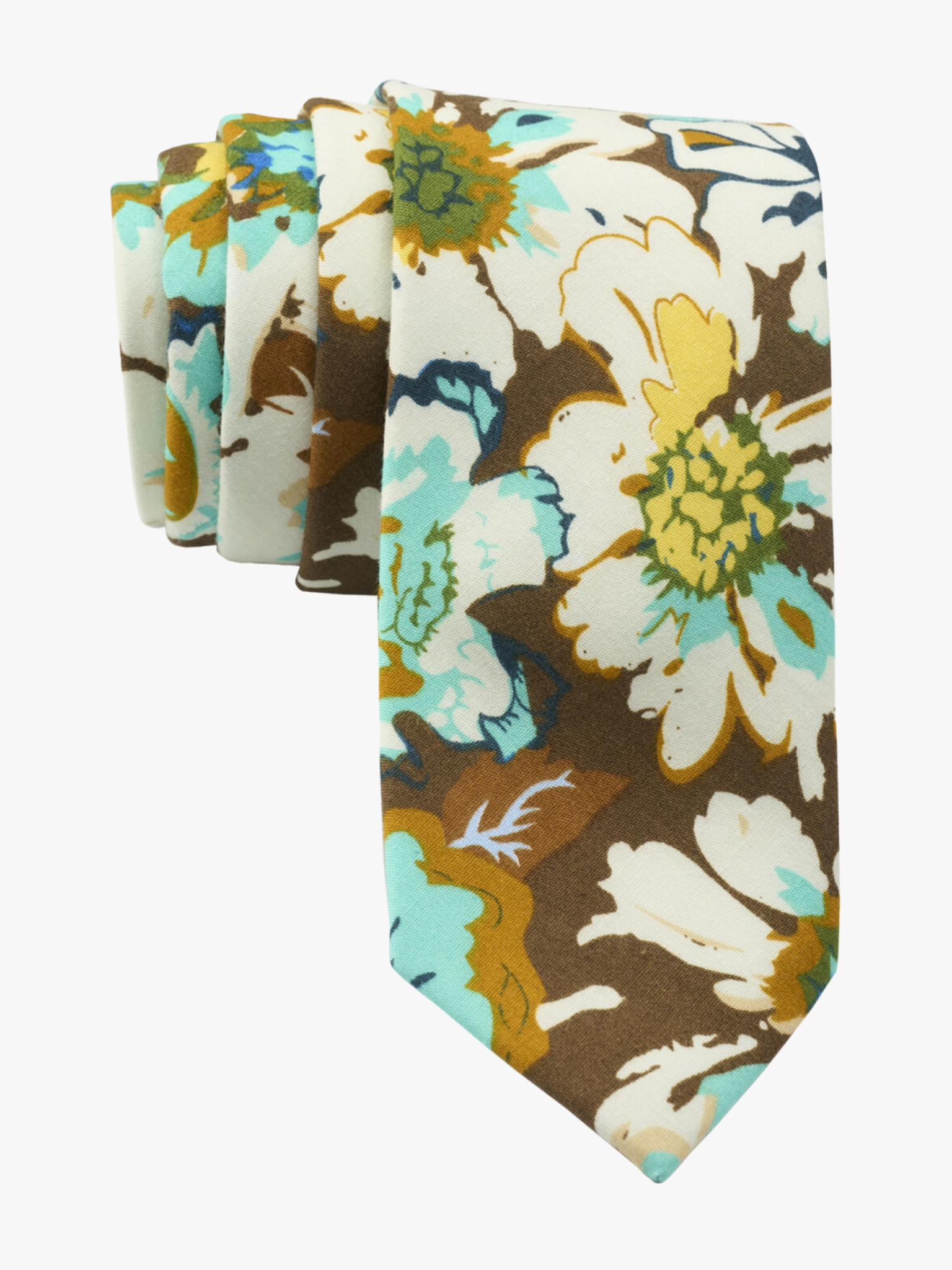 Retro floral necktie for men with white flowers, pale blue petals, yellow blossoms and brown leaves on brown cotton fabric.