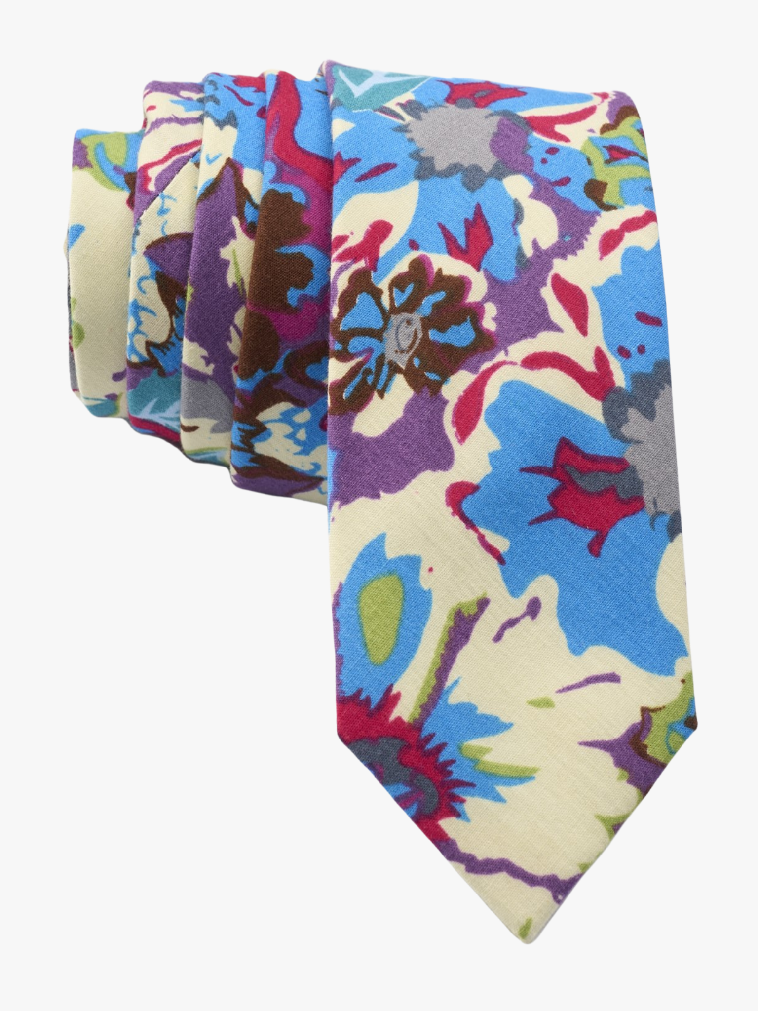 Retro 90s floral necktie for men with white flowers, blue petals, purple blossoms and light green leaves on cotton fabric.