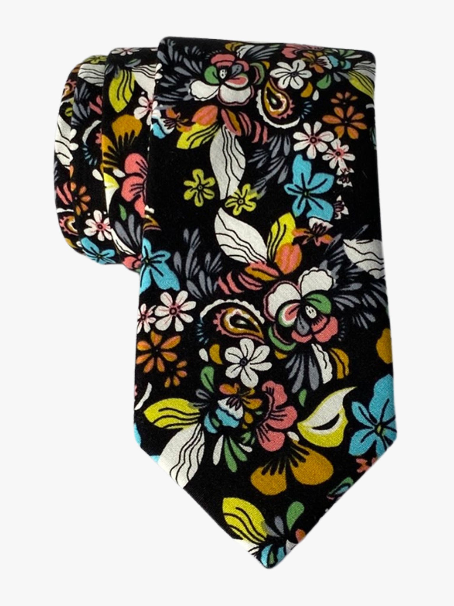 A black floral tie with colorful blue and yellow flowers and green, orange, and pink nature designs on soft cotton fabric.