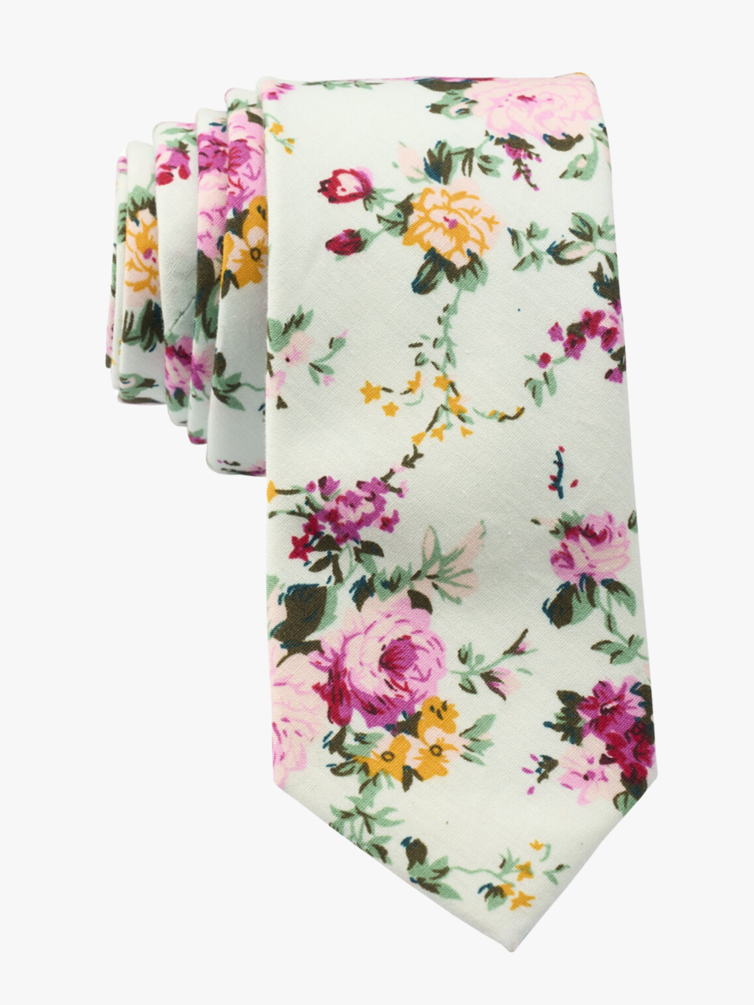 Floral necktie for men with pink rose flowers, yellow petals, dark blossoms and green leaves on light mint cotton fabric.