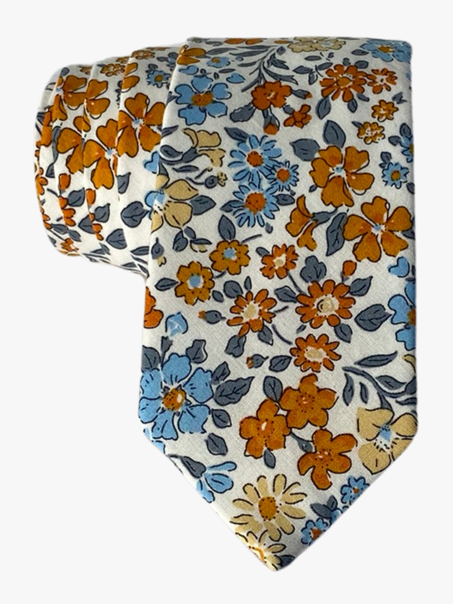 A white tie featuring colorful burnt orange, light blue, and yellow autumn flowers with slate blue leaves on cotton fabric.