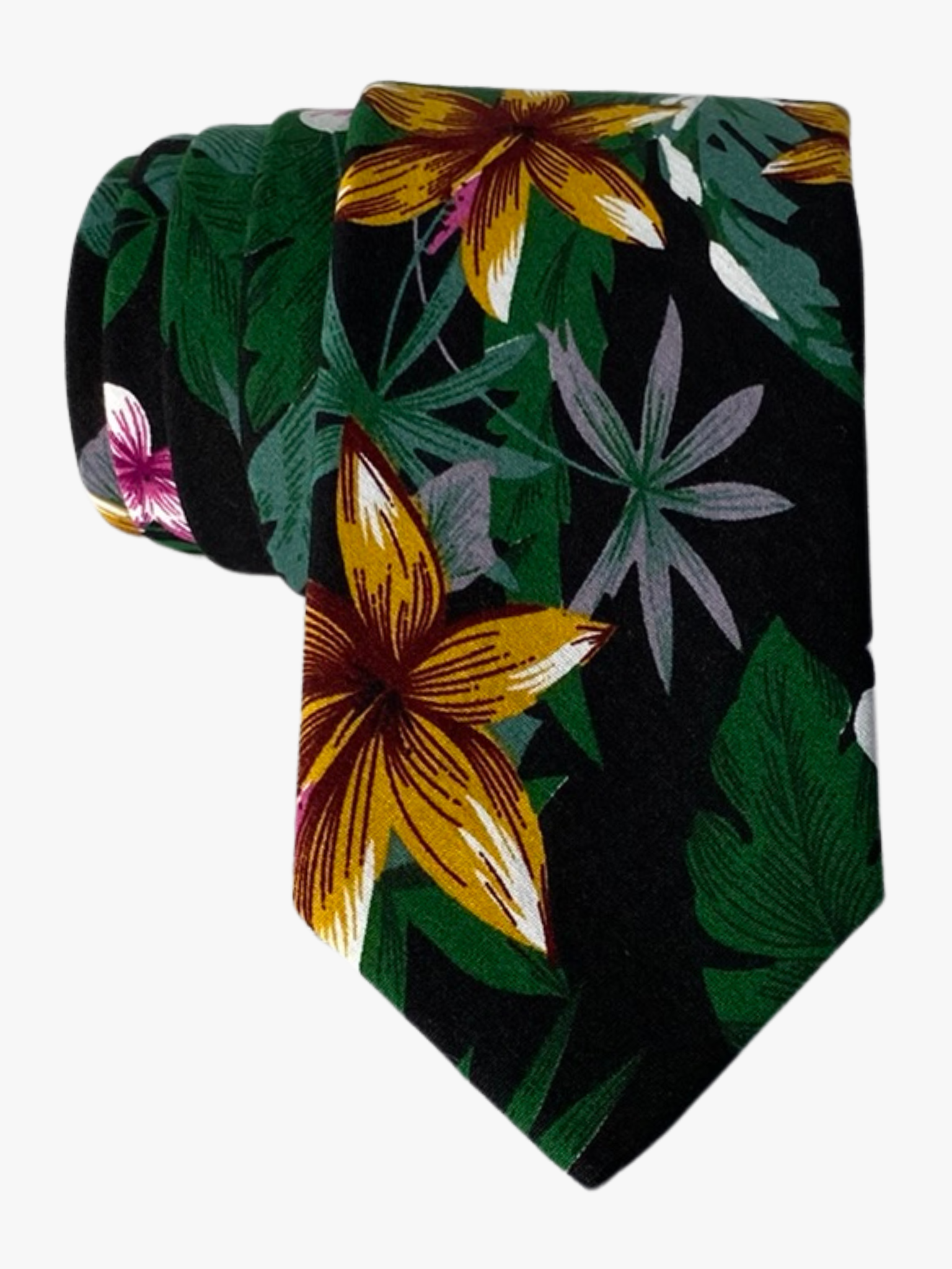 A mens black cotton tropical floral tie with large golden yellow flowers, deep green jungle leaves, and pastel green accents.