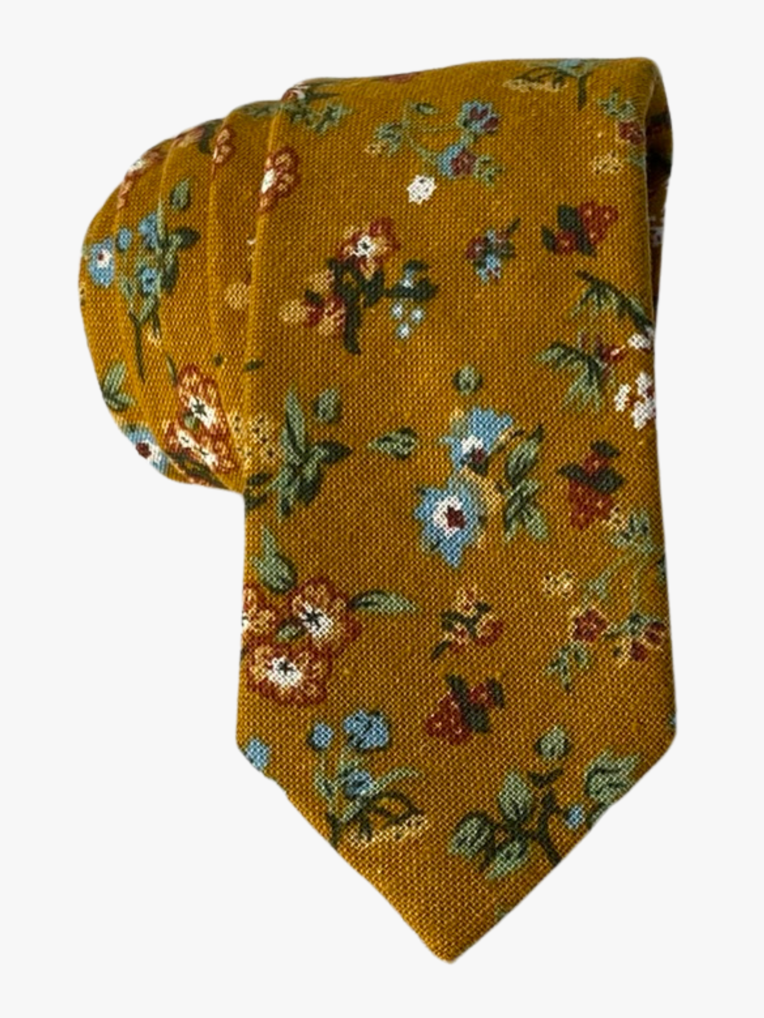 An adult dark mustard yellow floral tie with small dusty blue flowers, sage green leaves, and red and white accents.