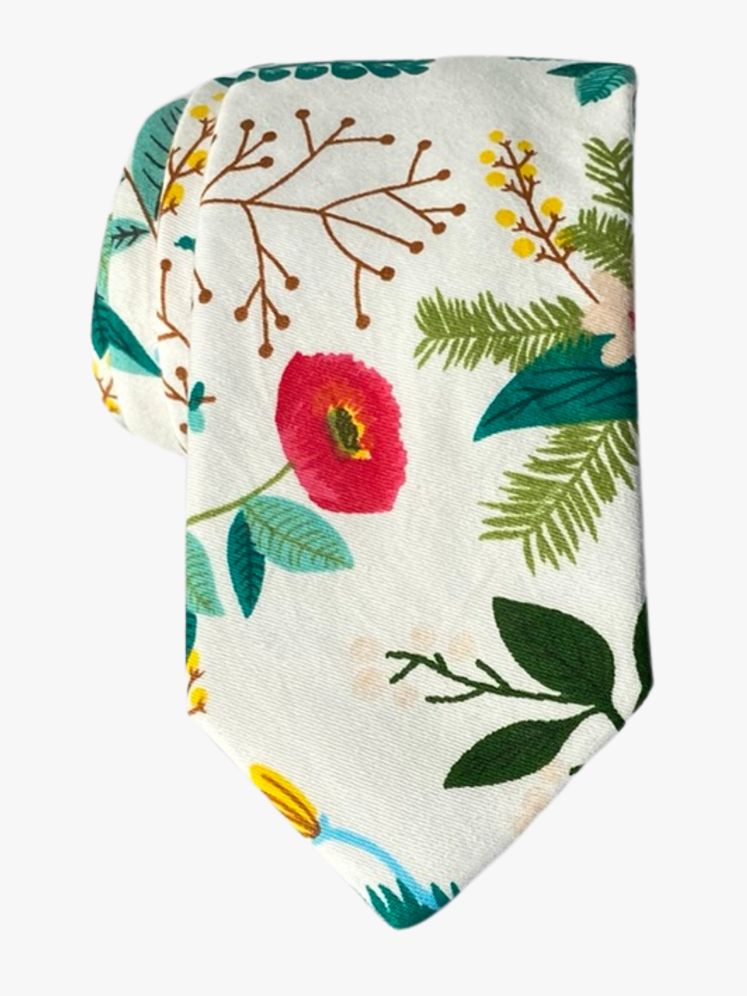 An adult mens white winter tie with artistic red flowers, brown sticks, and multiple shades of green foilage and leaves.