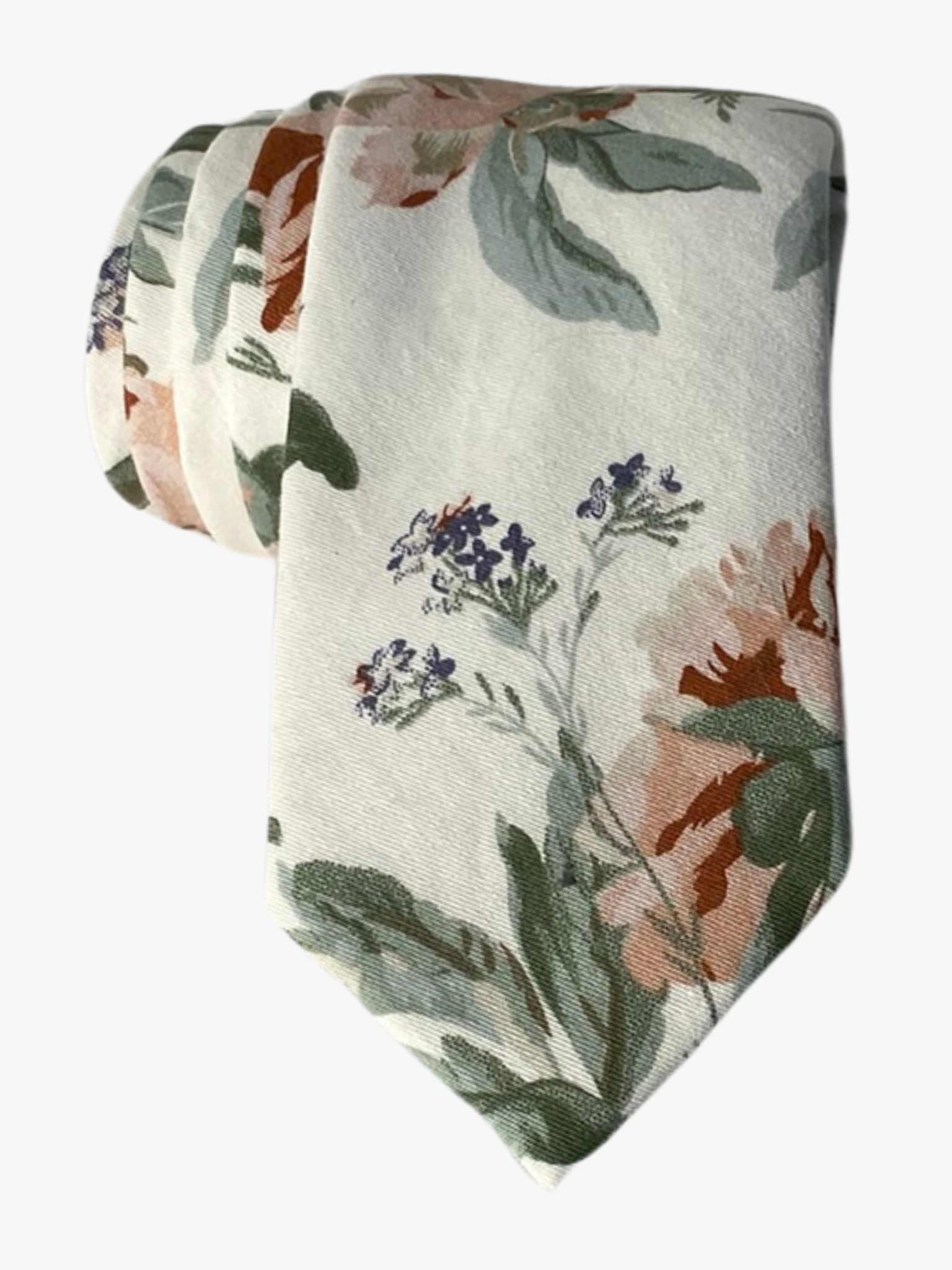 An adult mens off-white cotton tie with pastel floral designs of dusty pink flowers, sage green leaves, and purple accents.