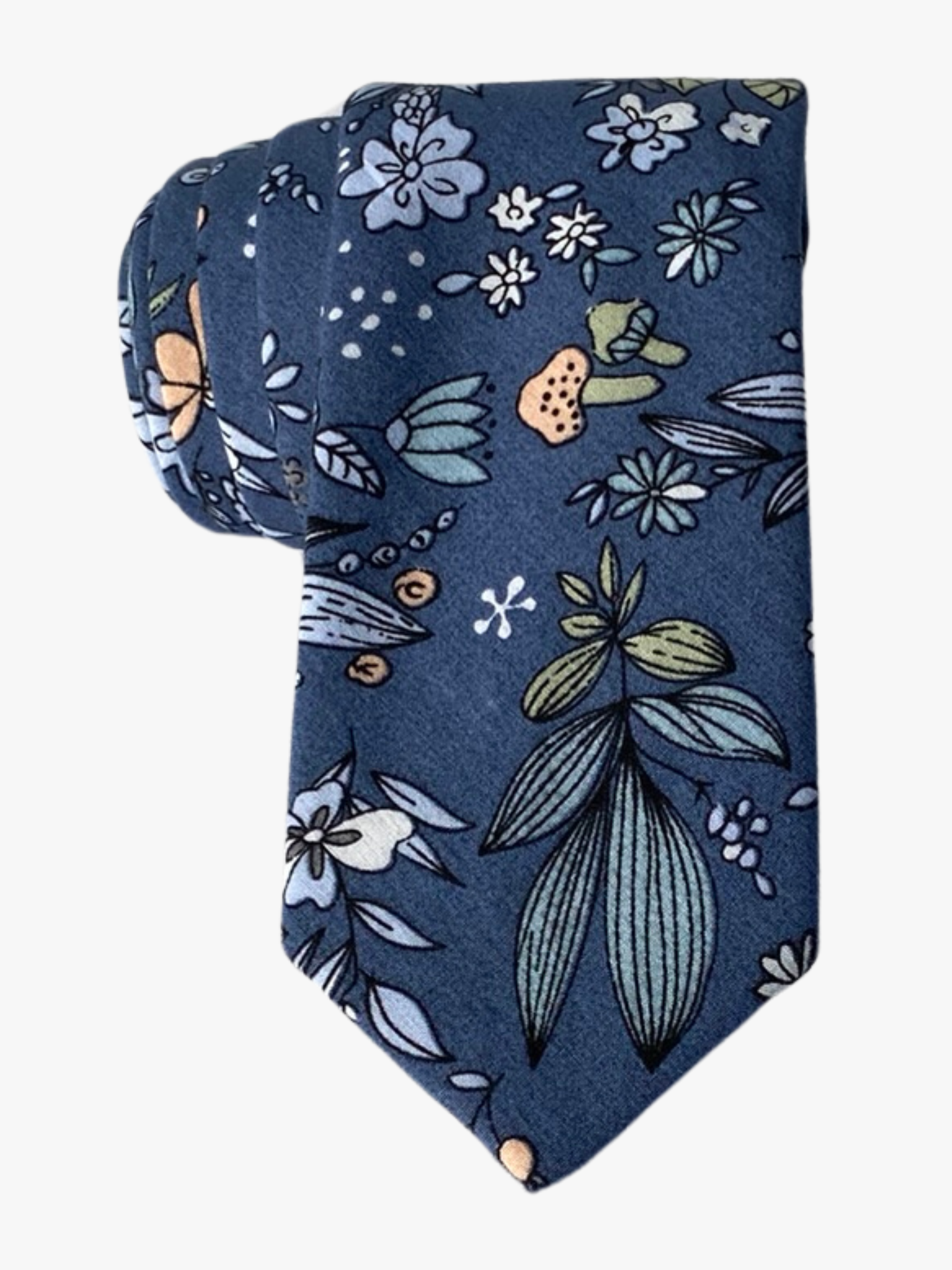 An adult mens dark blue floral tie with dusty blue drawn flowers, pink cartoon mushrooms, and pale green accents. 