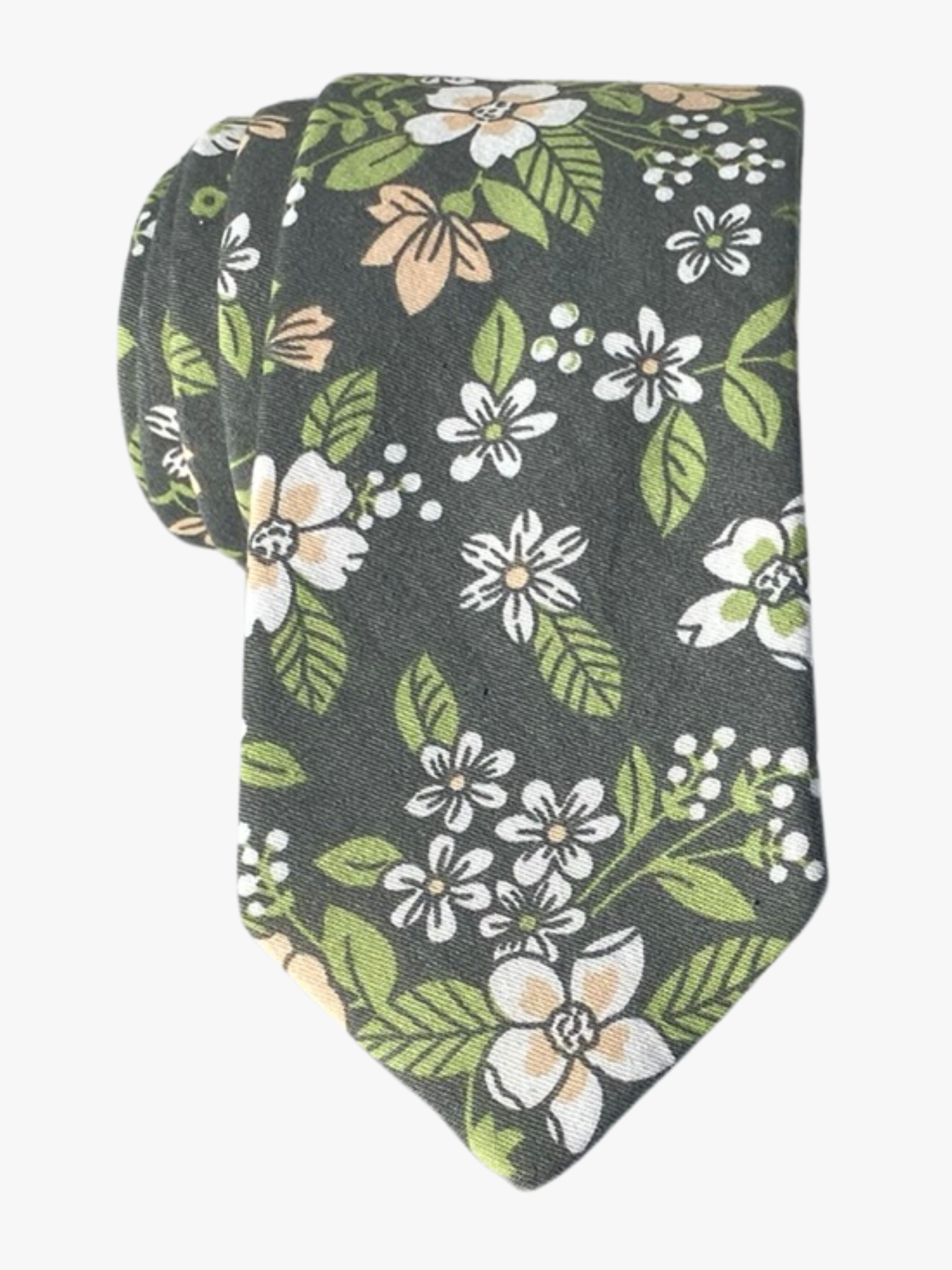 An adult mens gray floral cotton necktie with vibrant cartoon flowers of white, pink petals, and light green leaves.