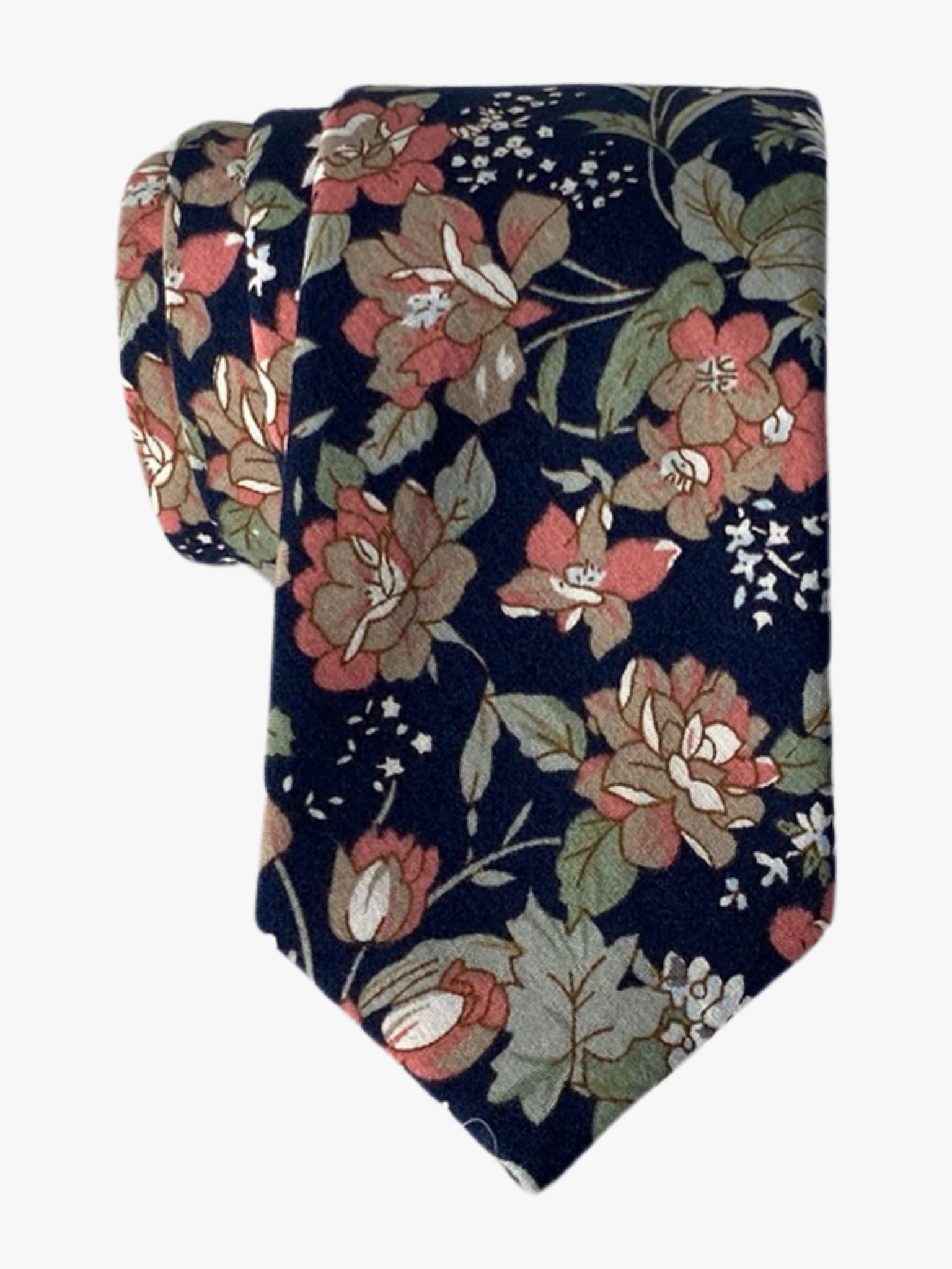 A mens deep navy blue tie with muted pink and brown flowers accented by pastel sage green leaves and small white flowers.