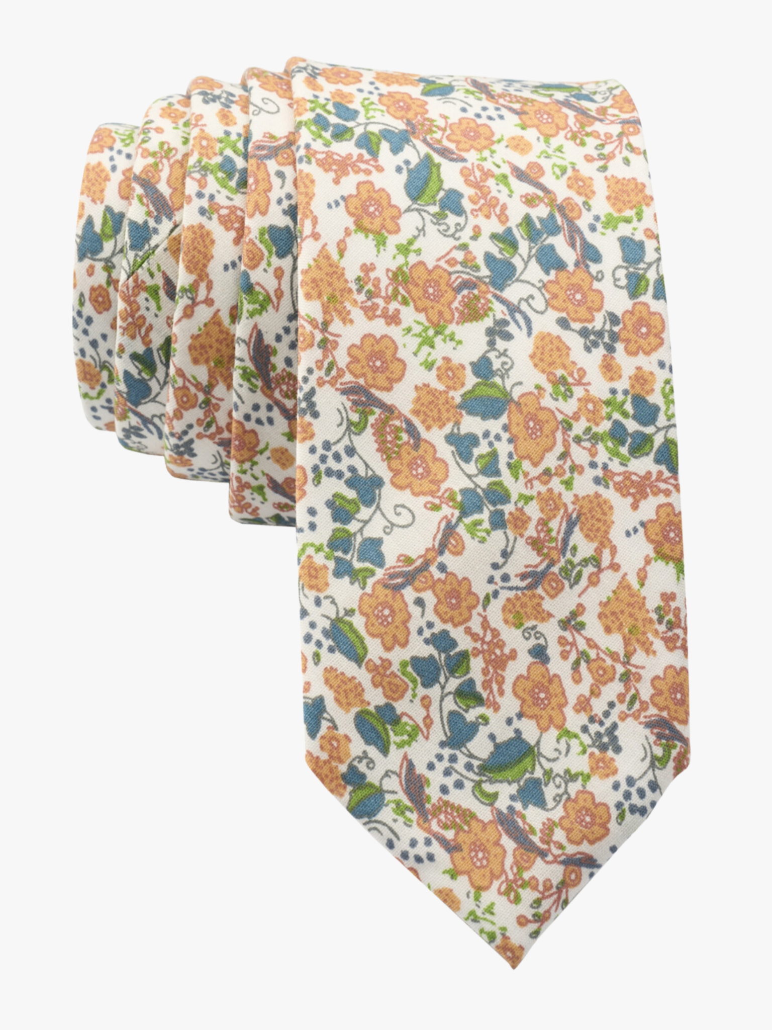 Spring floral necktie for men with orange wild flowers, blue petals, and green leaves on off white 100 percent cotton fabric.