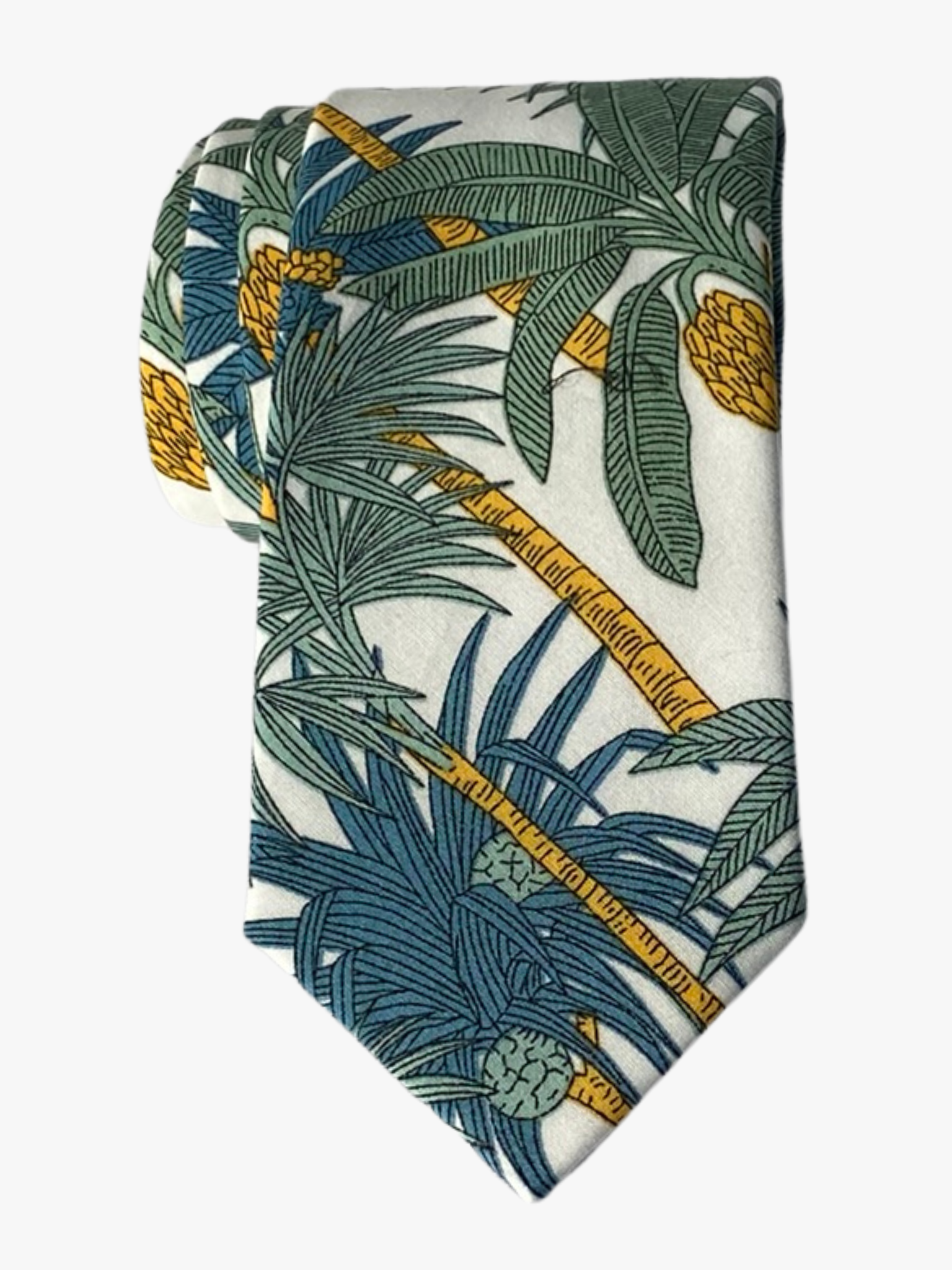 An adult white tropical necktie covered in golden yellow palm trees with light green leaves and dark teal blue palms.