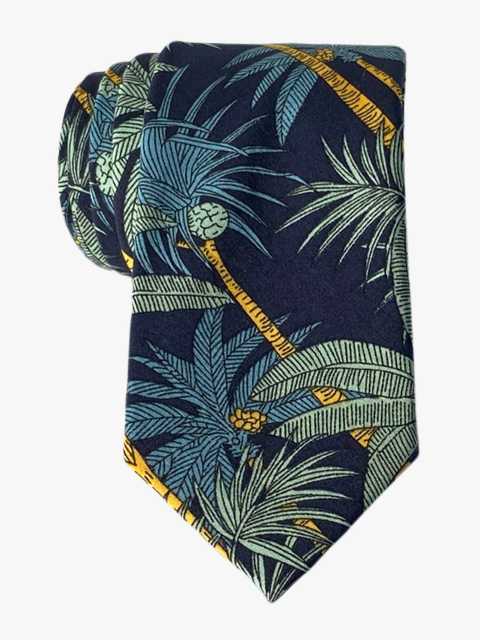 An adult navy blue tropical necktie covered in golden yellow palm trees with light green leaves and dark teal blue palms.