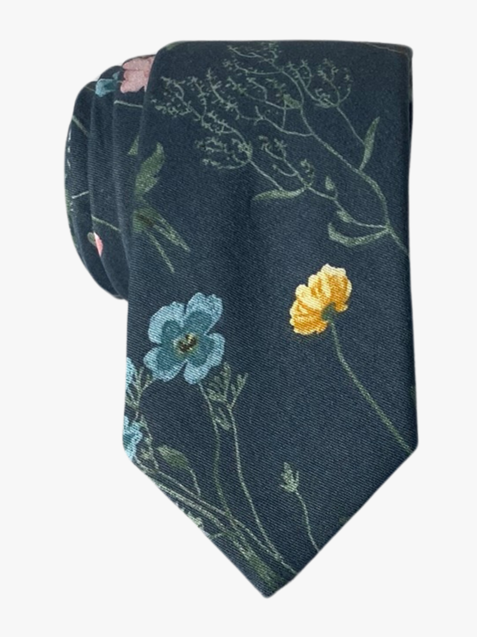 An adult artistic gray floral tie with subtle turquoise, teal, pink, and yellow flowers with long green stems.