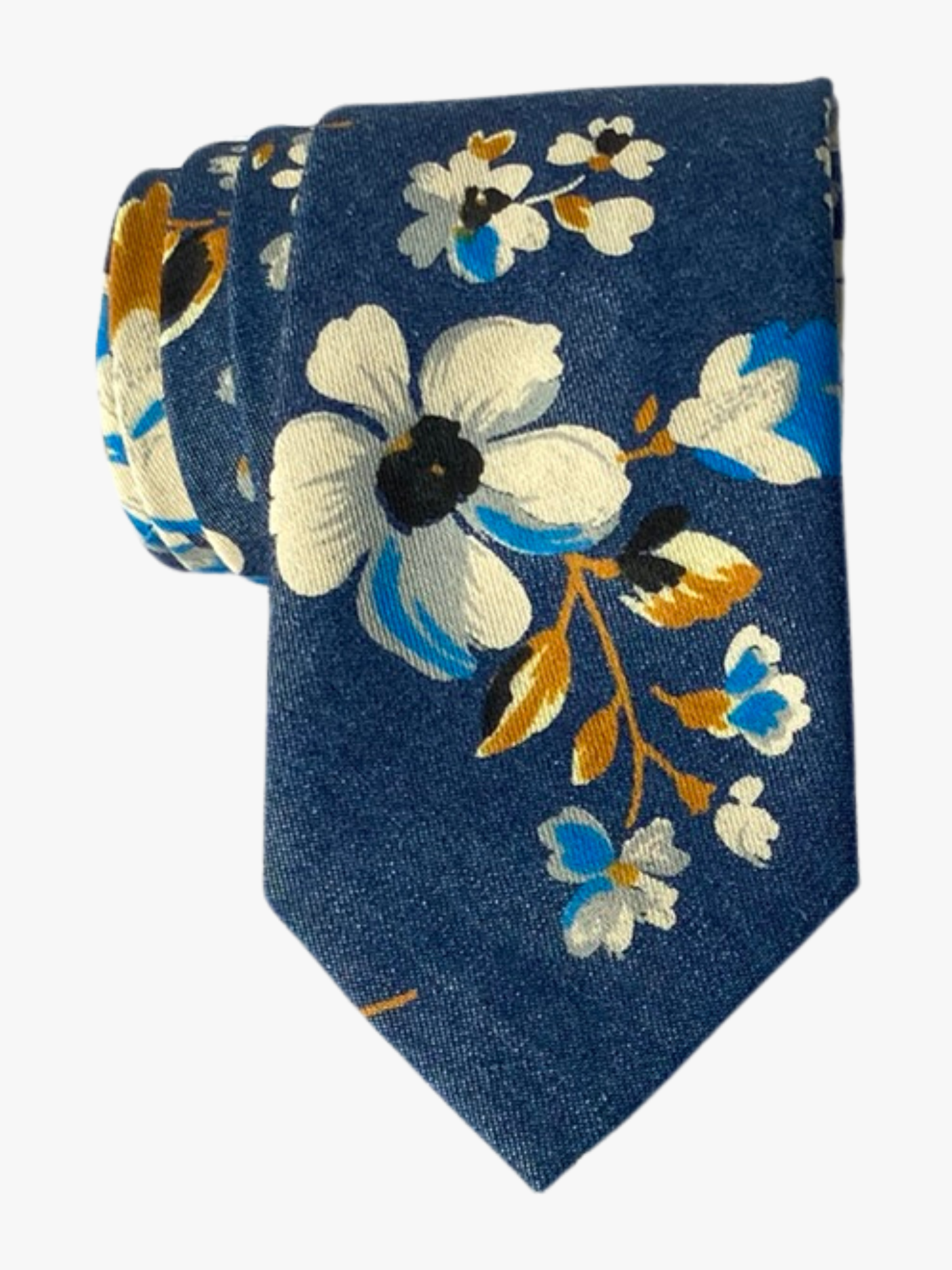 An adult denim blue floral tie featuring painted white flowers with golden yellow stems, and electric blue accents. 