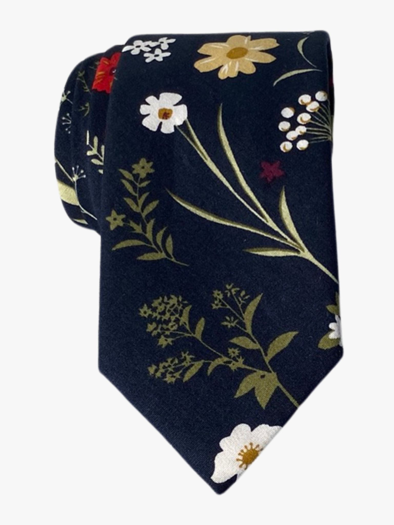 An adult cartoonish navy blue floral tie with olive green leaves, yellow and white daisies, and red flowers. 