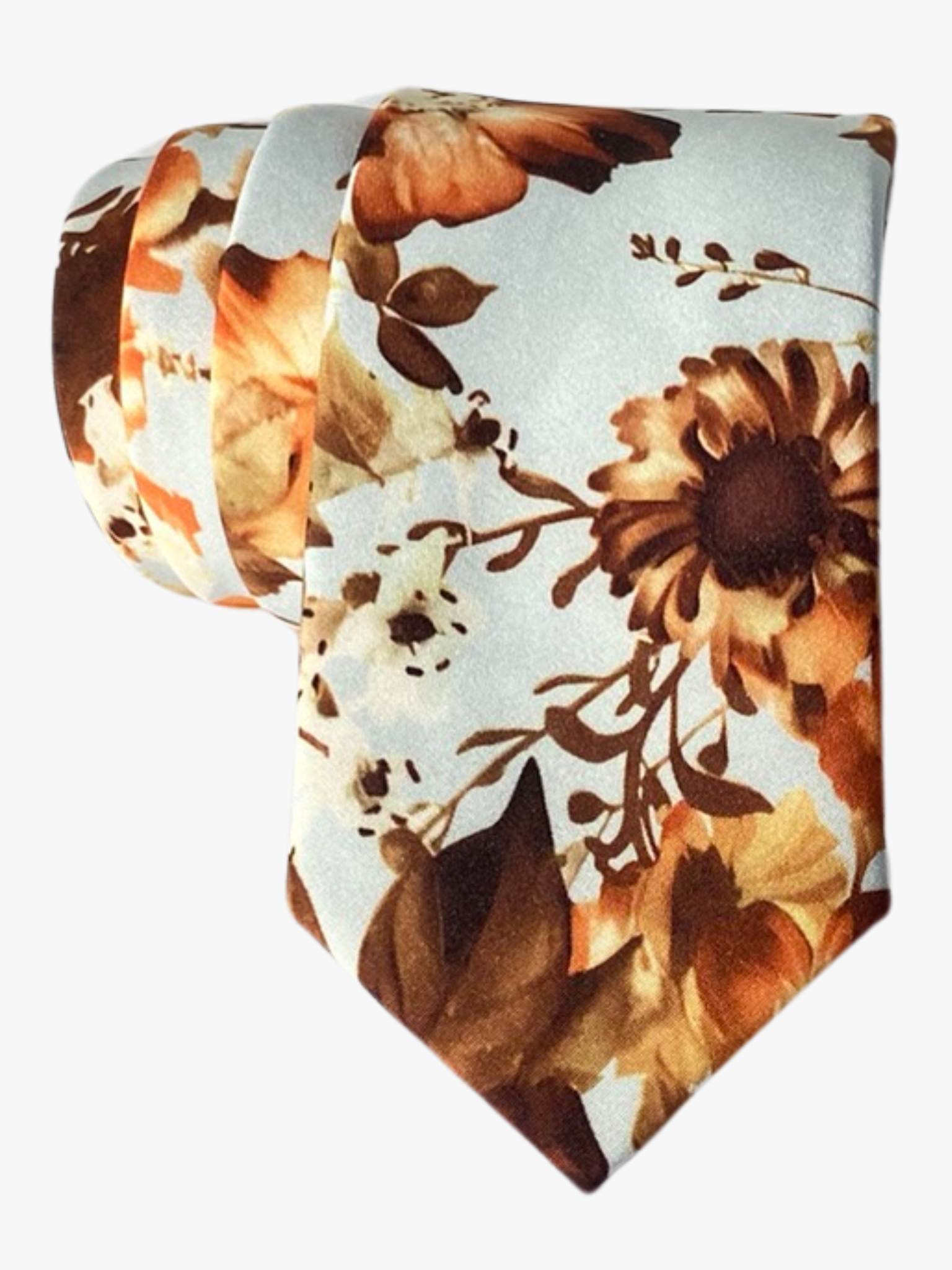 An adult autumn inspired floral tie with burnt orange colors, bronze and brown flowers, and dried leaves and stems. 