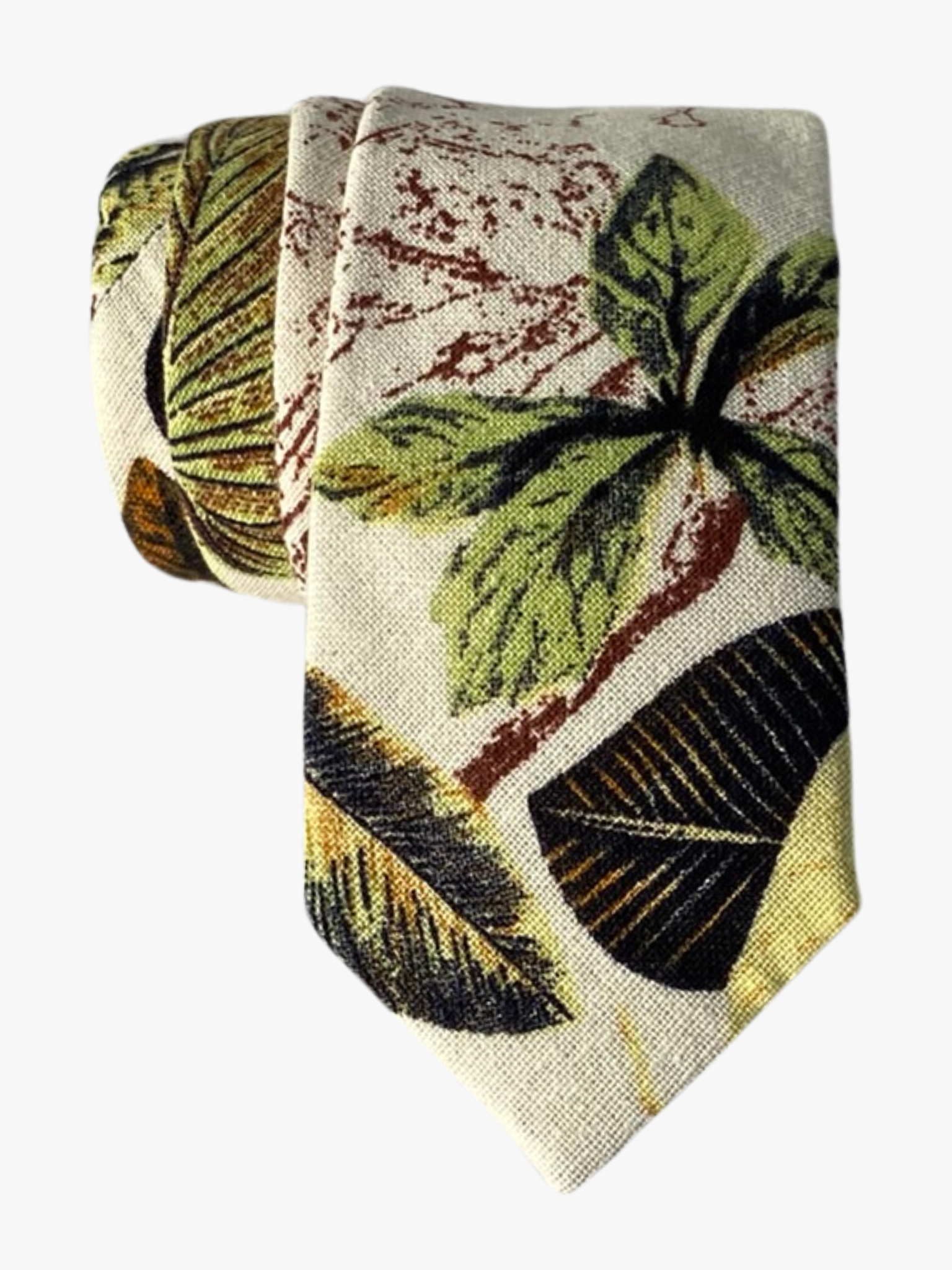 A retro beige floral tie with large yellow and green leaves accented with artistic brown patterns on a woven cotton fabric.