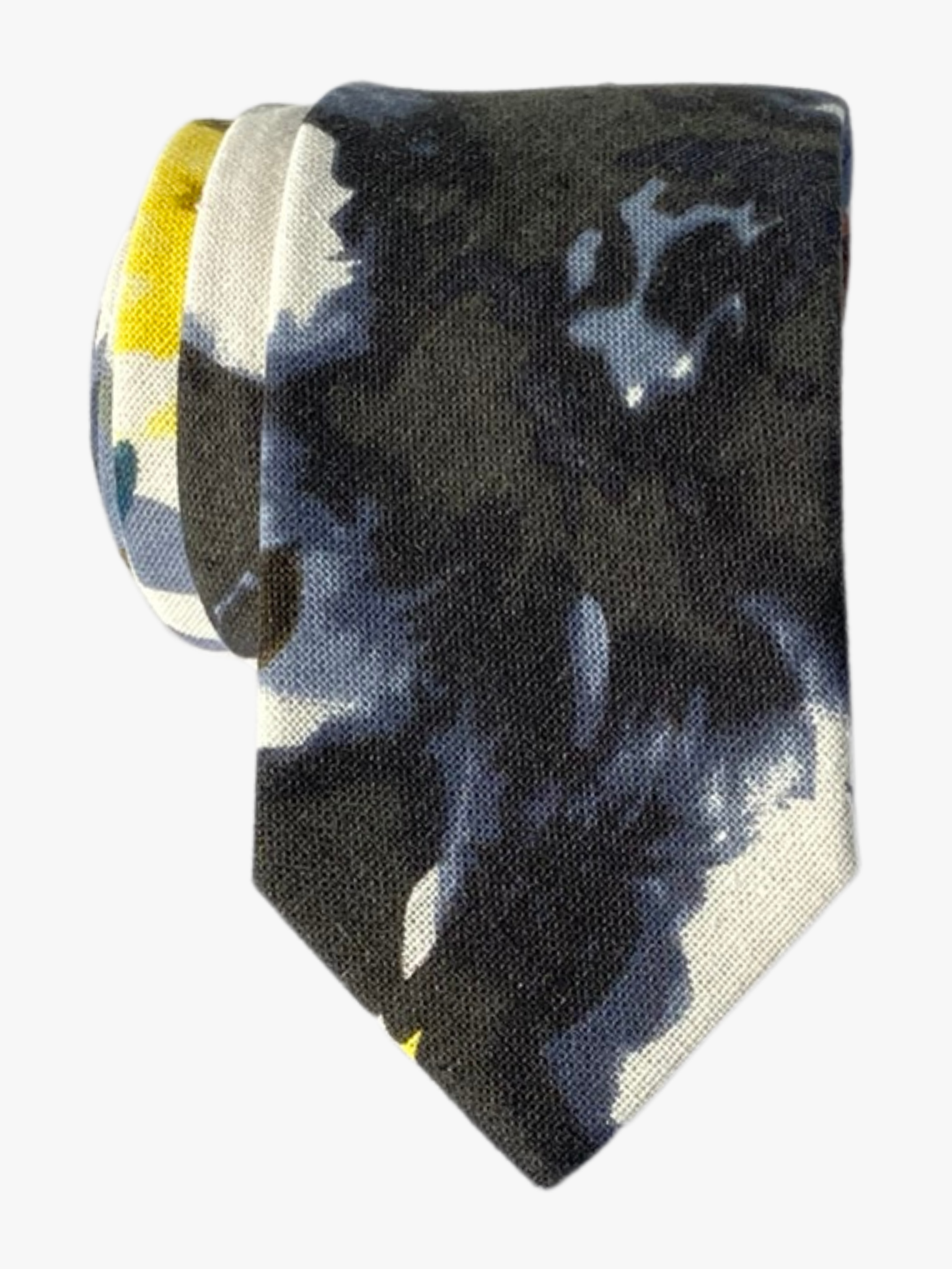 A mens abstract floral tie with large yellow flowers mixed with large spots of black and blue similar to a Rorschach test.