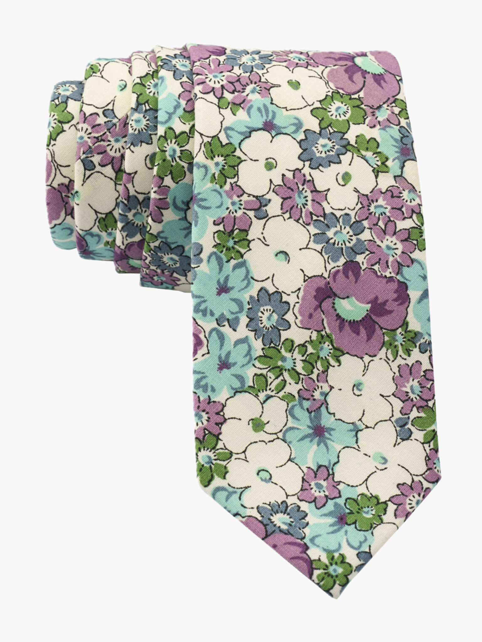 Floral necktie for men with light blue flowers, lavender purple petals, and green blossoms no leaves on white cotton fabric.