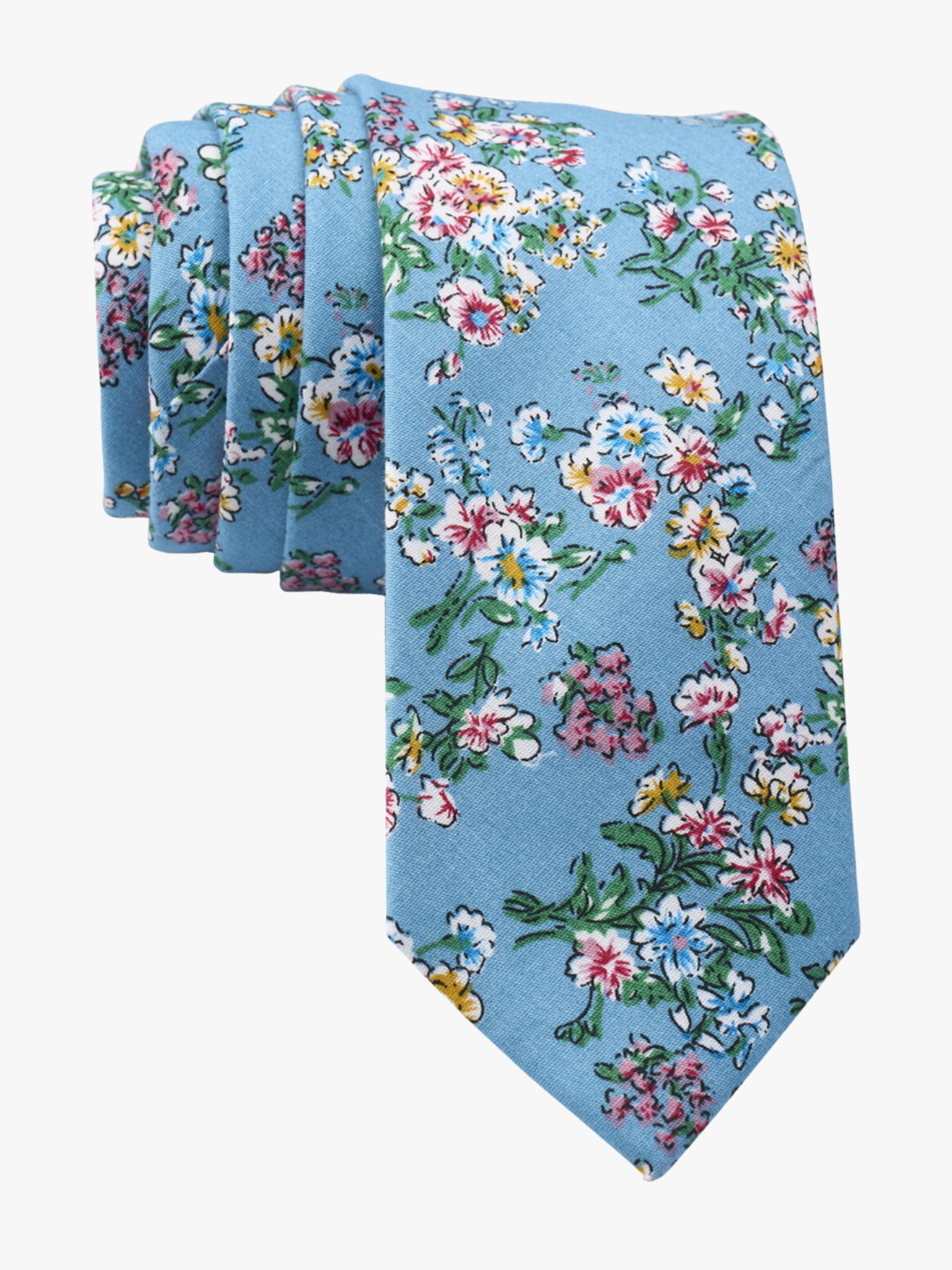 Floral necktie for men with watercolor turqouise flowers, pink and yellow blossoms, and green leaves on blue cotton fabric.