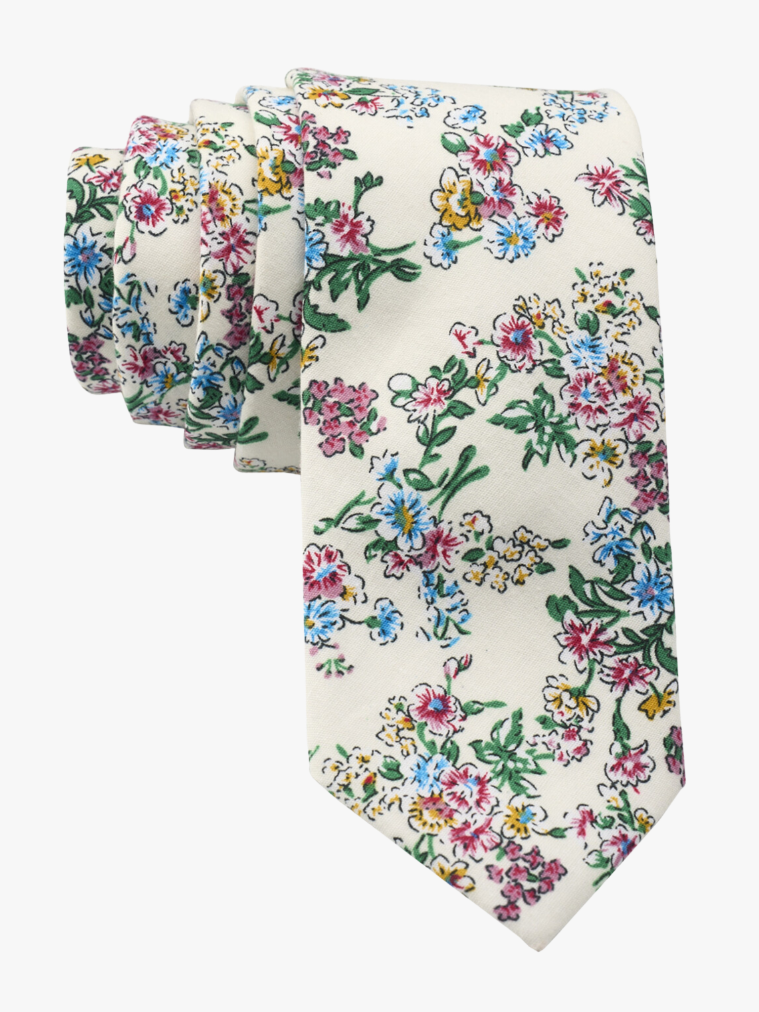 Floral necktie for men with watercolor turquoise flowers, pink and yellow blossoms, and green leaves on white cotton fabric.