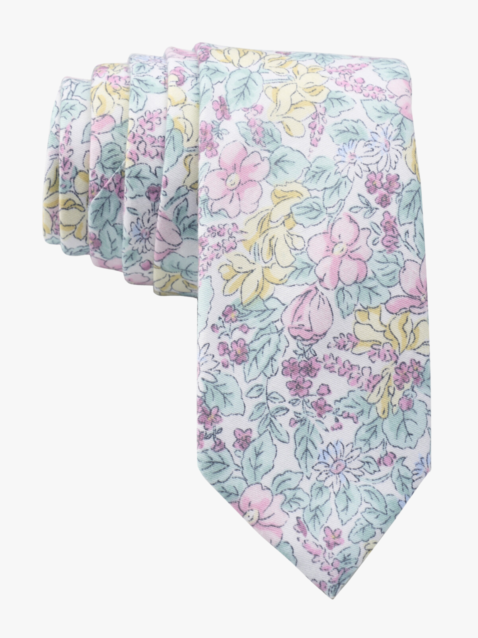 Spring floral necktie for men with pastel pink flowers, yellow petals, blossoms and light blue leaves on white cotton fabric.