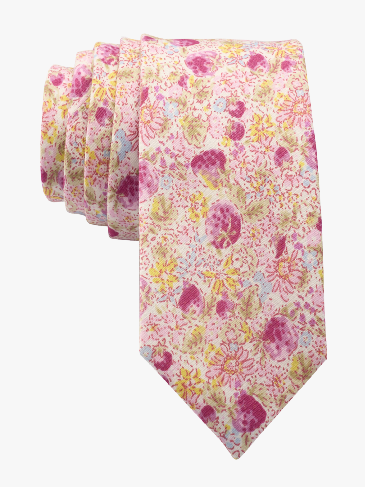 Spring Floral necktie for men with pink berry flowers, dark petals, yellow blossoms, and pastel leaves on light rose fabric.